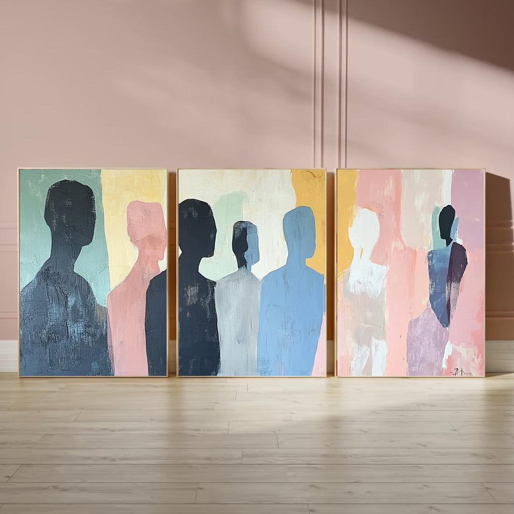 Contemplative Silhouettes - Minimalist Abstract Art Print with Muted Pastels and Soft Shadows