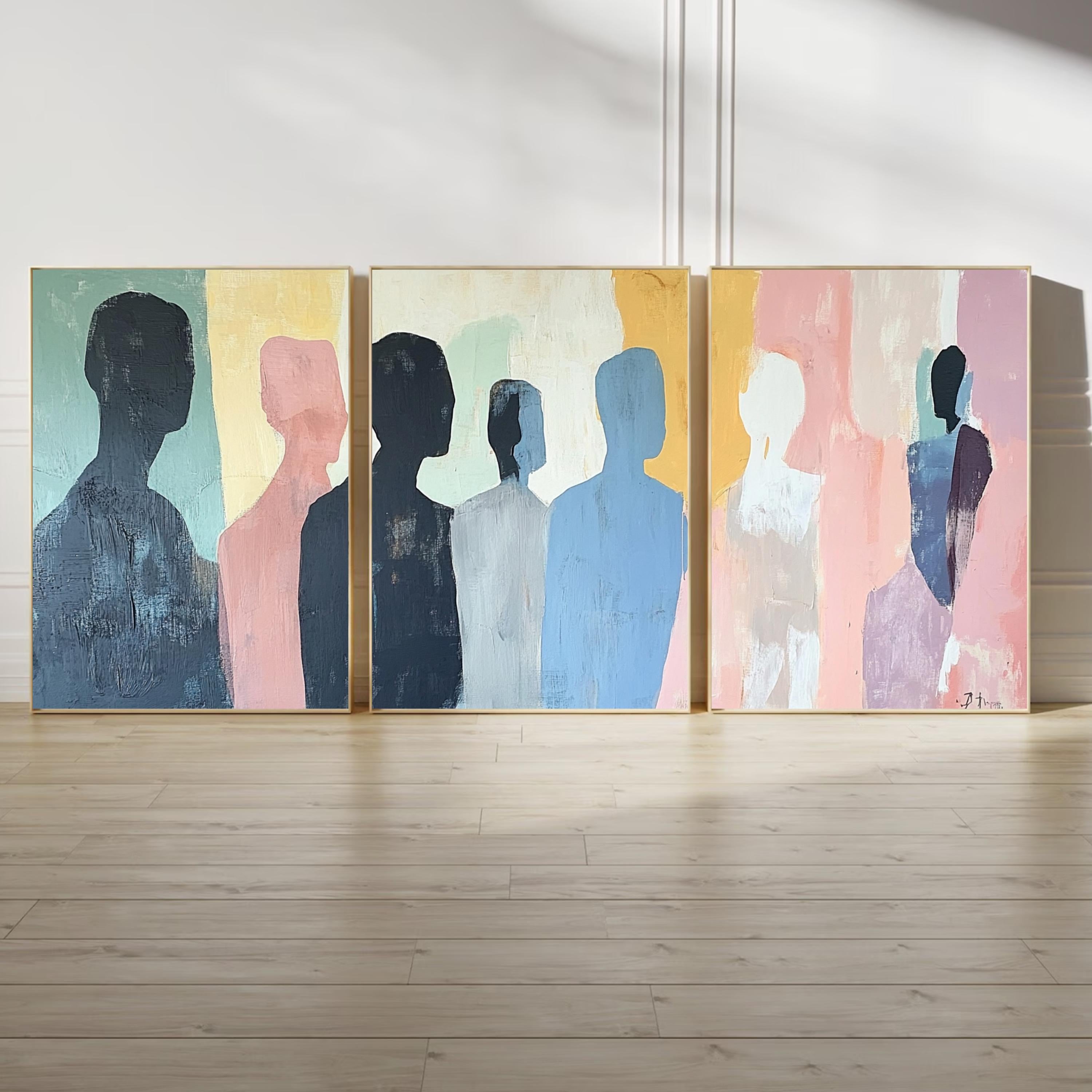 Contemplative Silhouettes - Minimalist Abstract Art Print with Muted Pastels and Soft Shadows