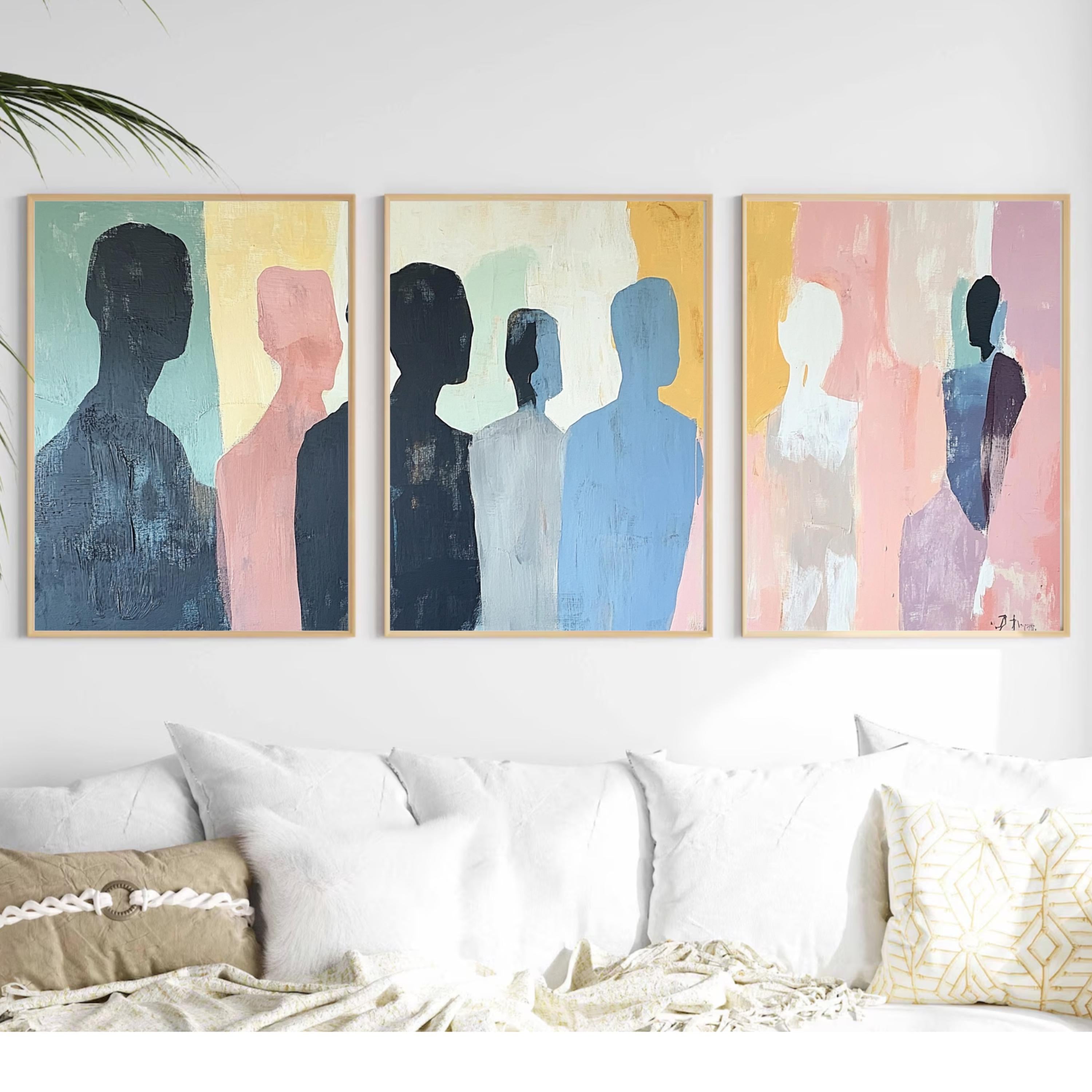 Contemplative Silhouettes - Minimalist Abstract Art Print with Muted Pastels and Soft Shadows