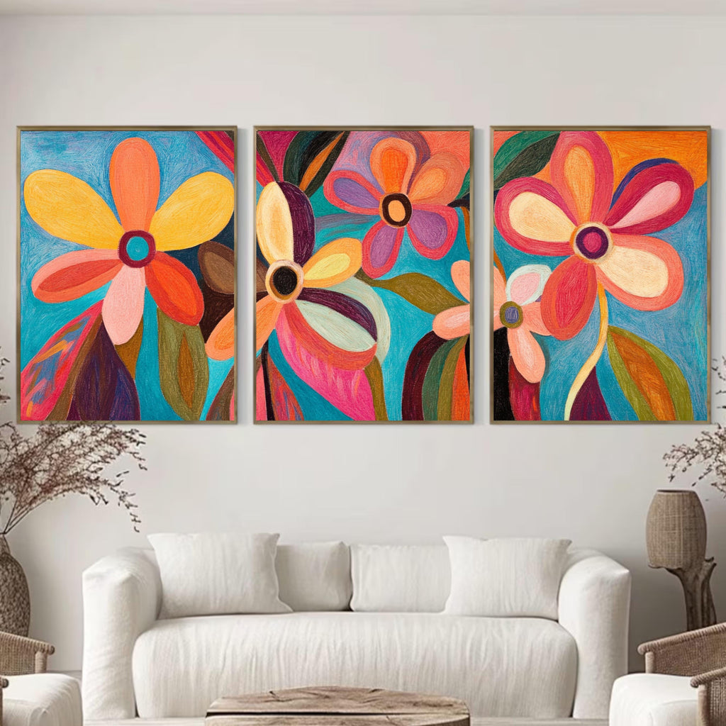 Vibrant Floral Abstraction – Modern Colorful Flower Wall Art Print Set | Contemporary Pastel Botanical Art for Boho & Eclectic Decor