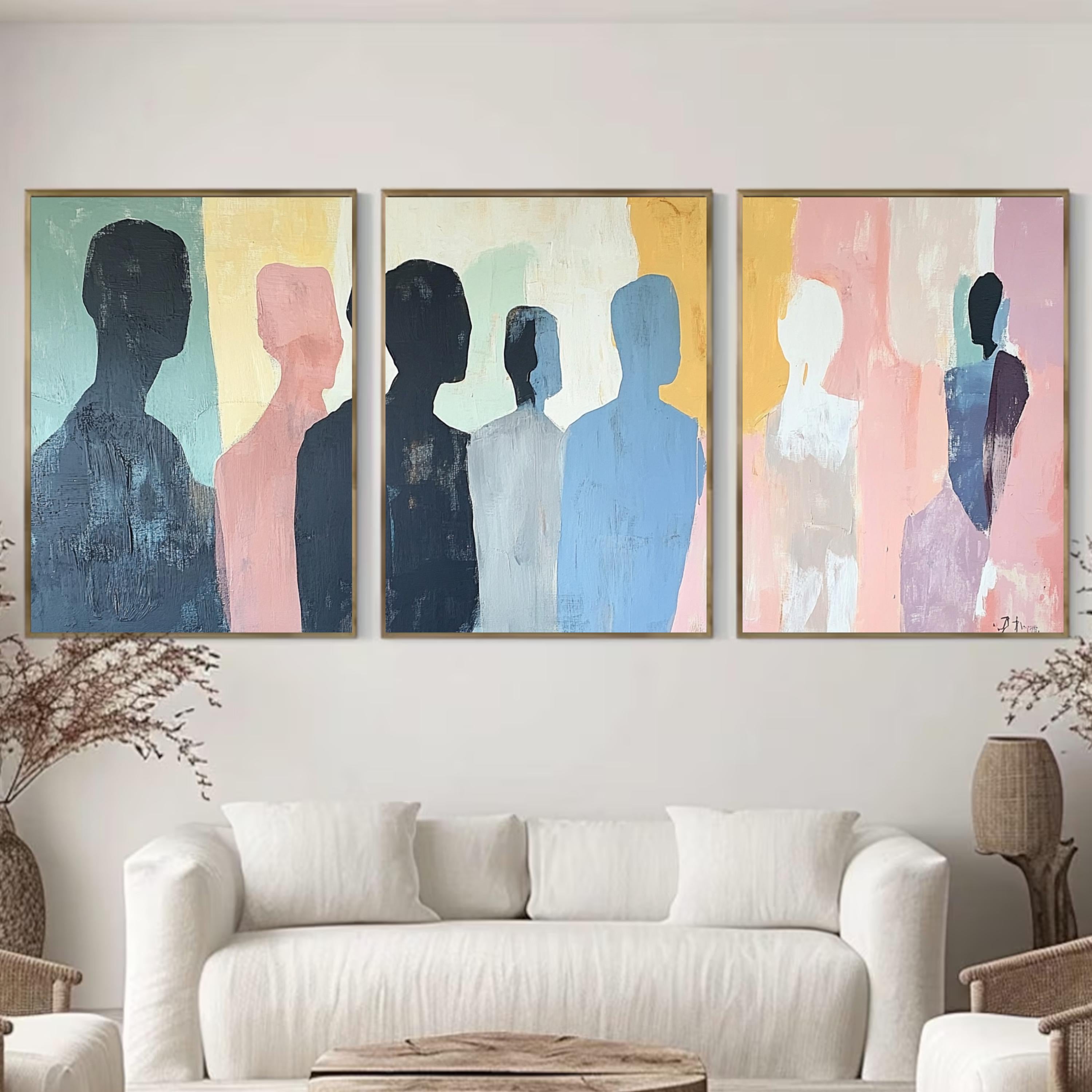 Contemplative Silhouettes - Minimalist Abstract Art Print with Muted Pastels and Soft Shadows