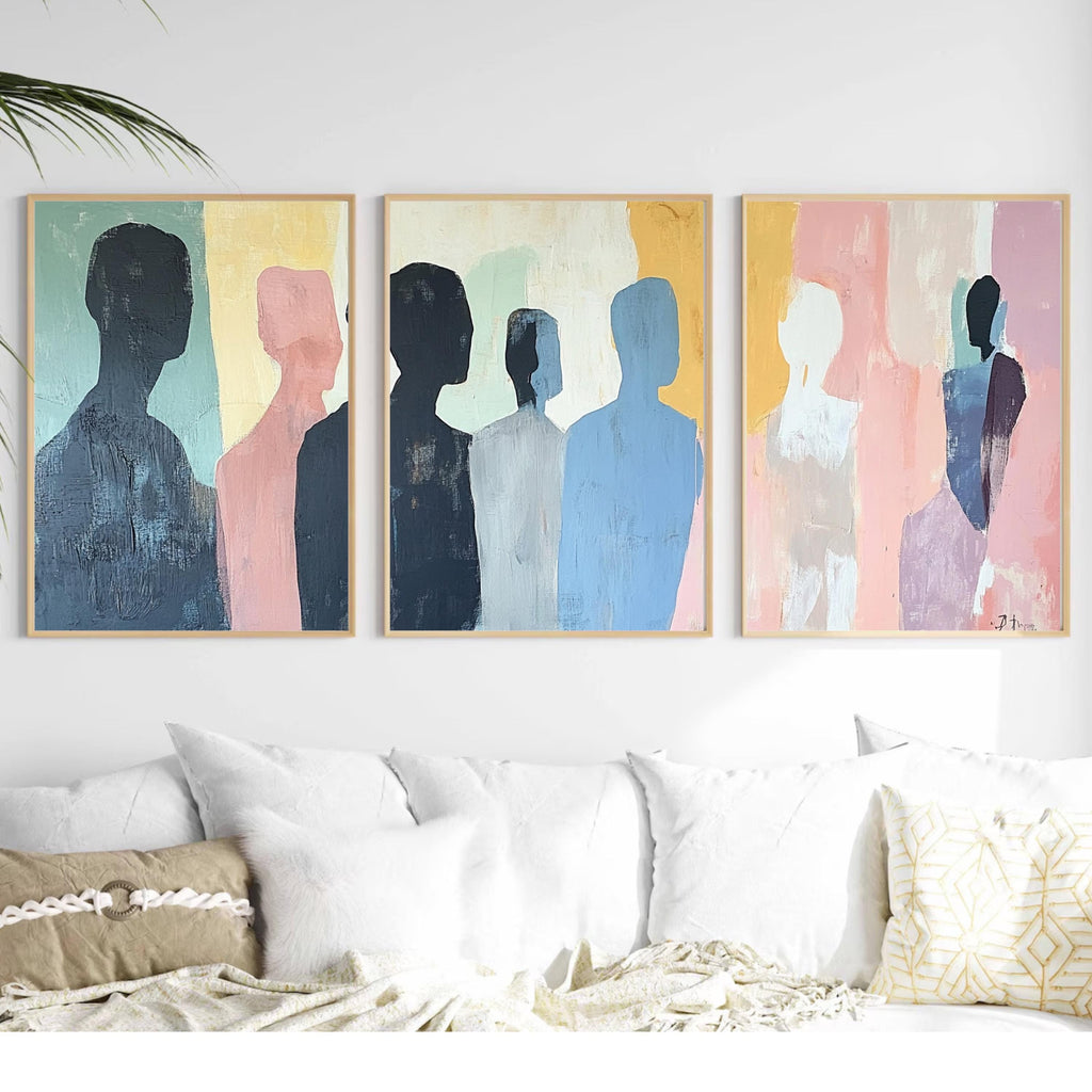 Contemplative Silhouettes - Minimalist Abstract Art Print with Muted Pastels and Soft Shadows