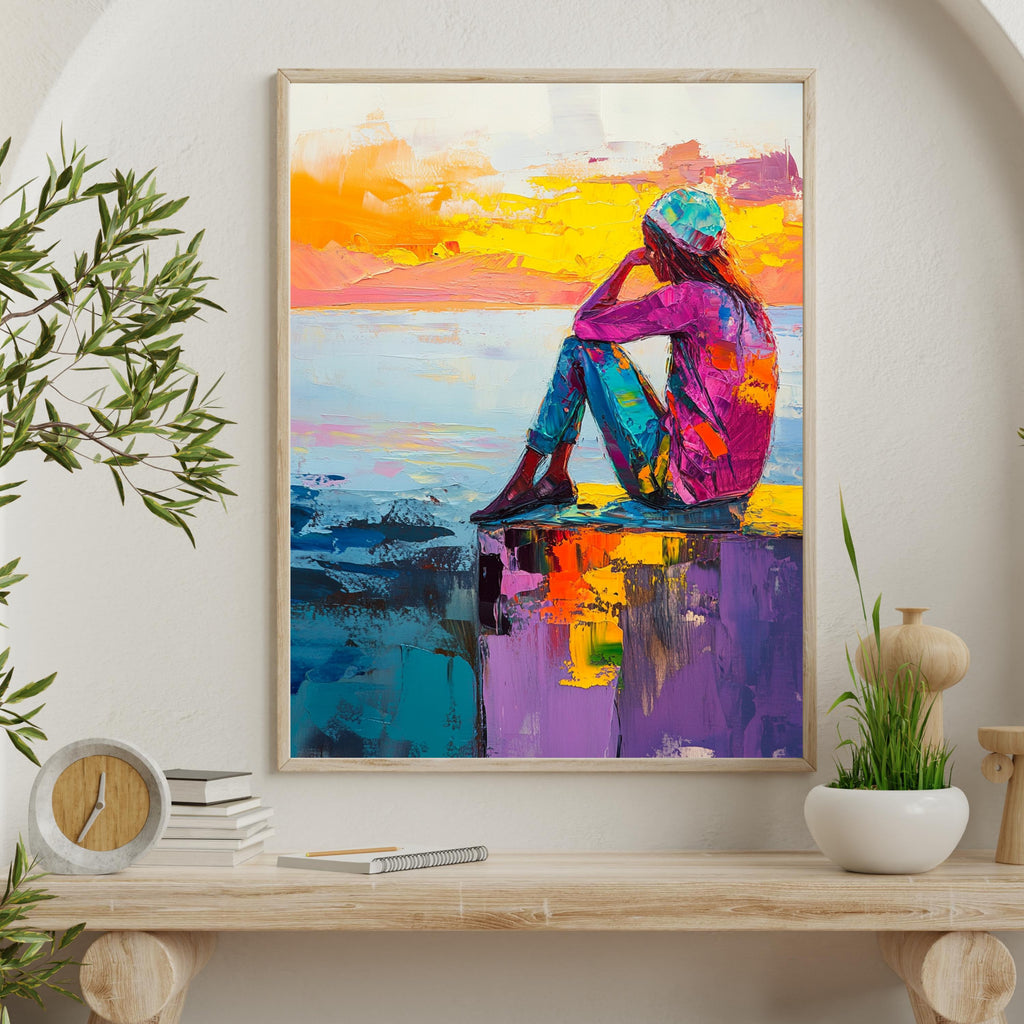 Contemplation at Sunset" – Vibrant Abstract Portrait with Bold Colors