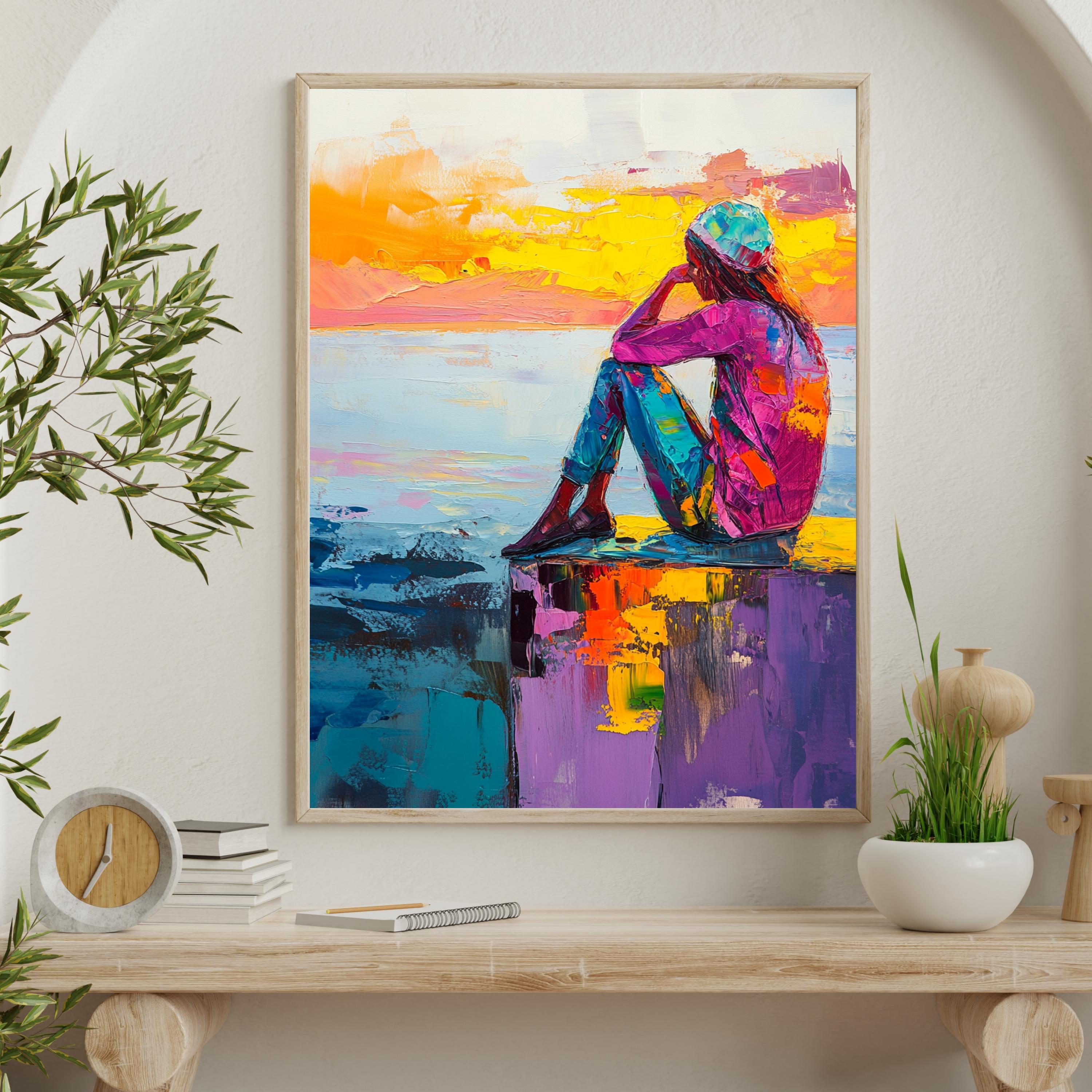 Contemplation at Sunset" – Vibrant Abstract Portrait with Bold Colors