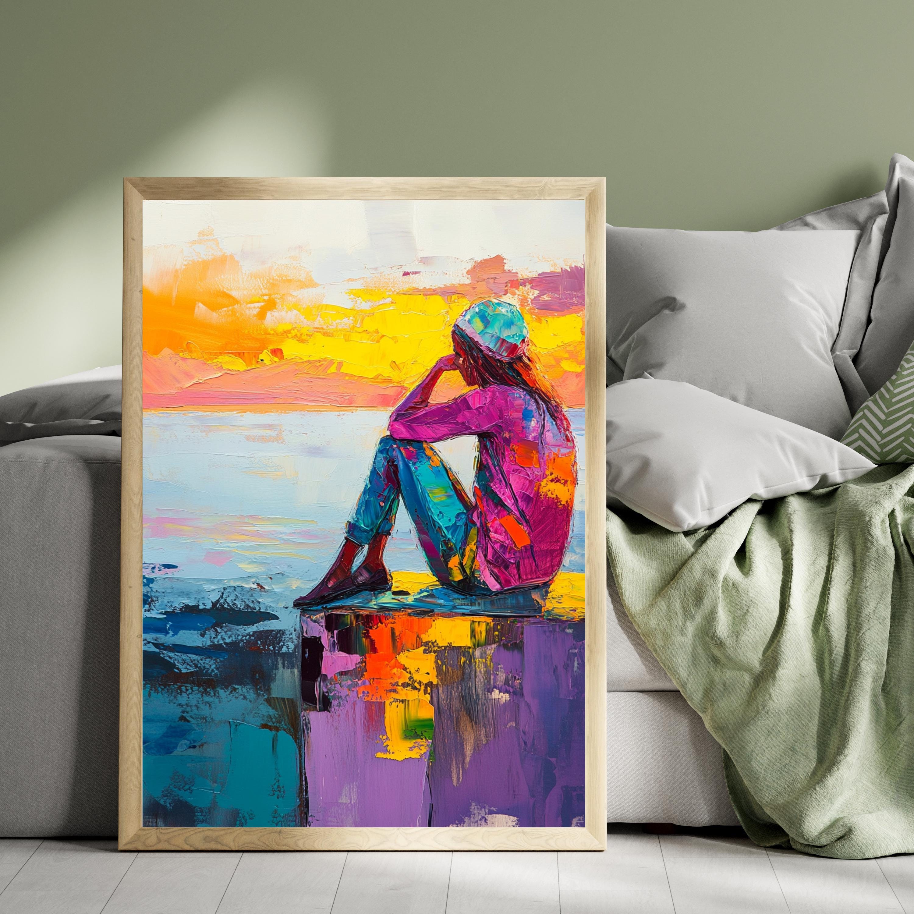Contemplation at Sunset" – Vibrant Abstract Portrait with Bold Colors