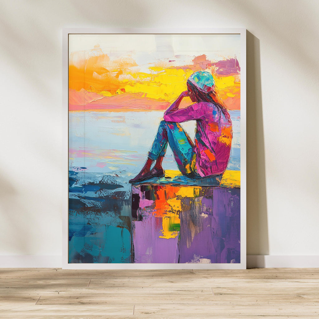 Contemplation at Sunset" – Vibrant Abstract Portrait with Bold Colors