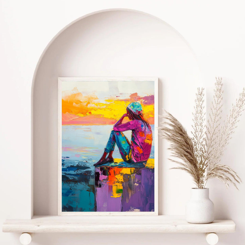 Contemplation at Sunset" – Vibrant Abstract Portrait with Bold Colors