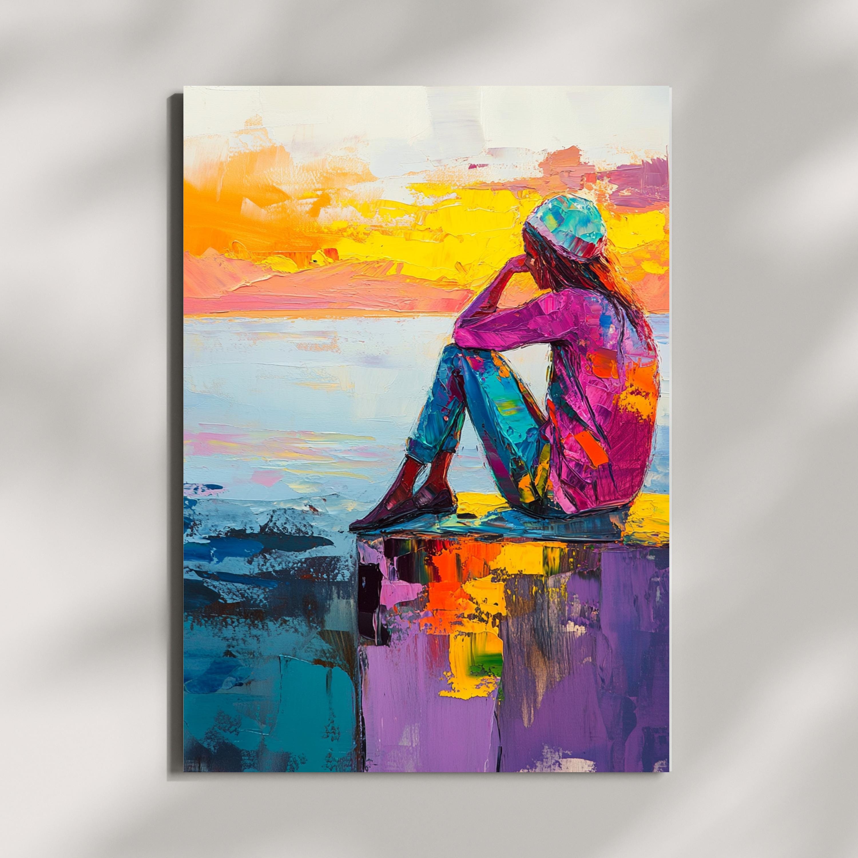 Contemplation at Sunset" – Vibrant Abstract Portrait with Bold Colors