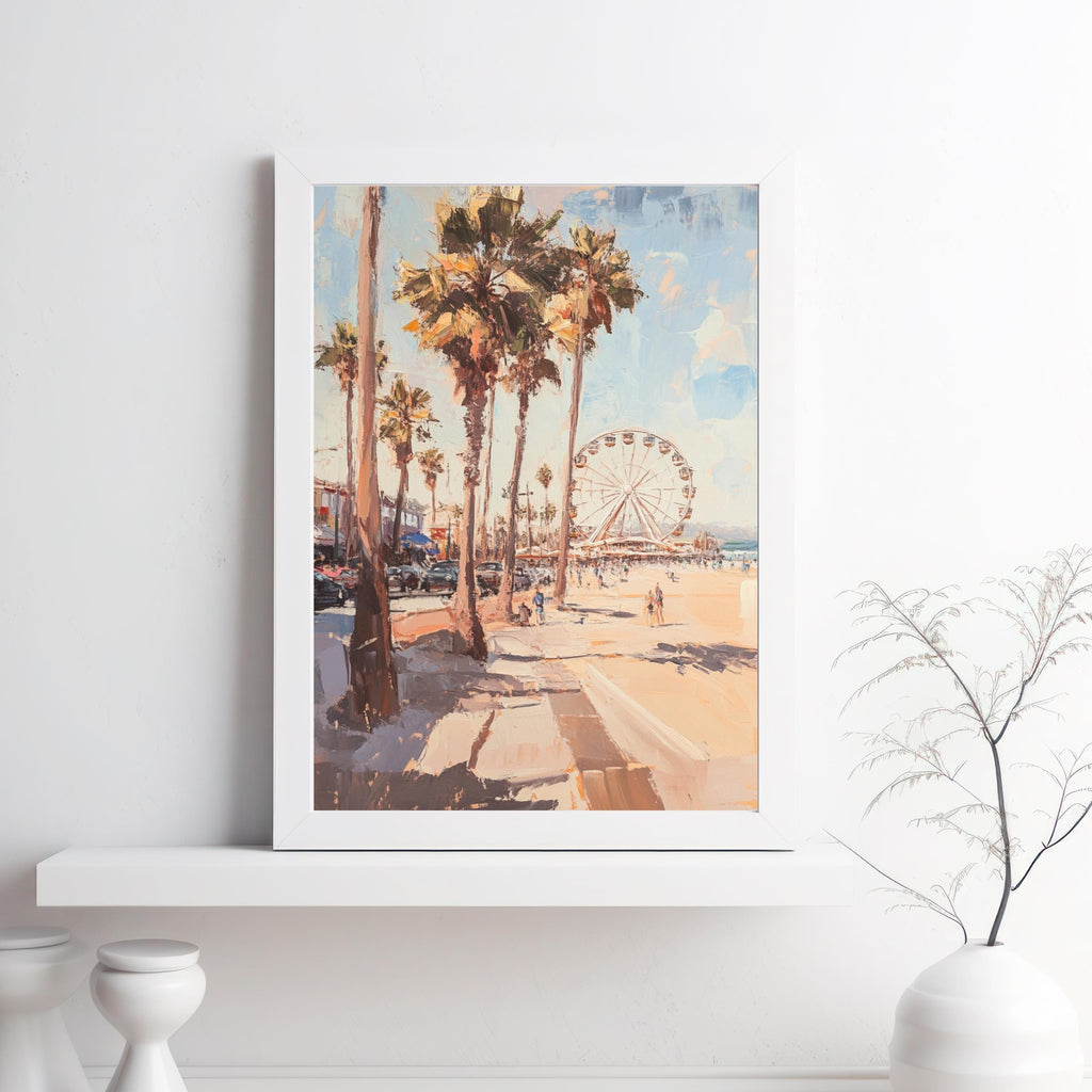 Santa Monica Stroll" – Vibrant Beach Scene with Ferris Wheel and Palm Trees
