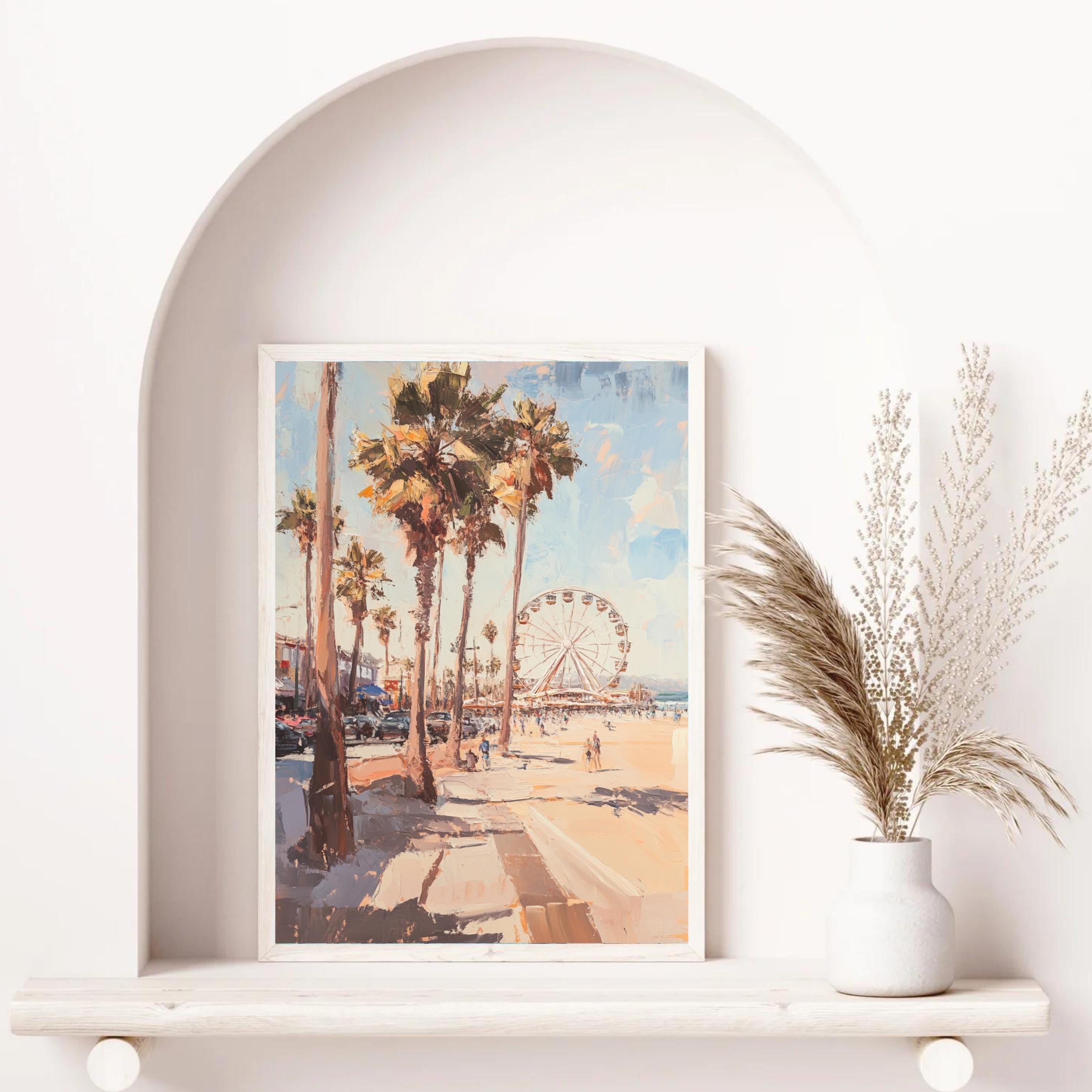Santa Monica Stroll" – Vibrant Beach Scene with Ferris Wheel and Palm Trees