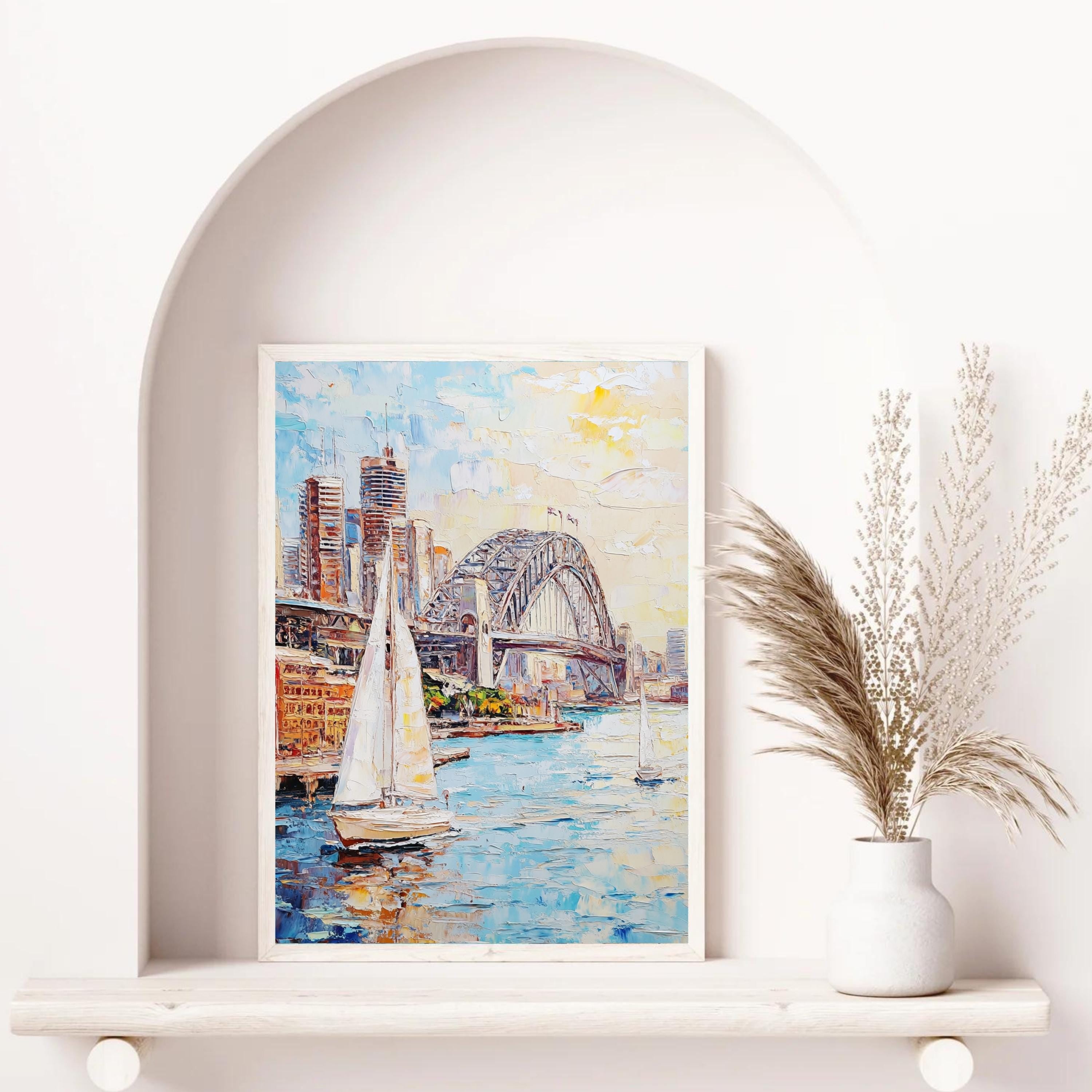 Sydney Harbour Bliss" – Vibrant Sailboats and Iconic Bridge in Bold Palette Knife Painting