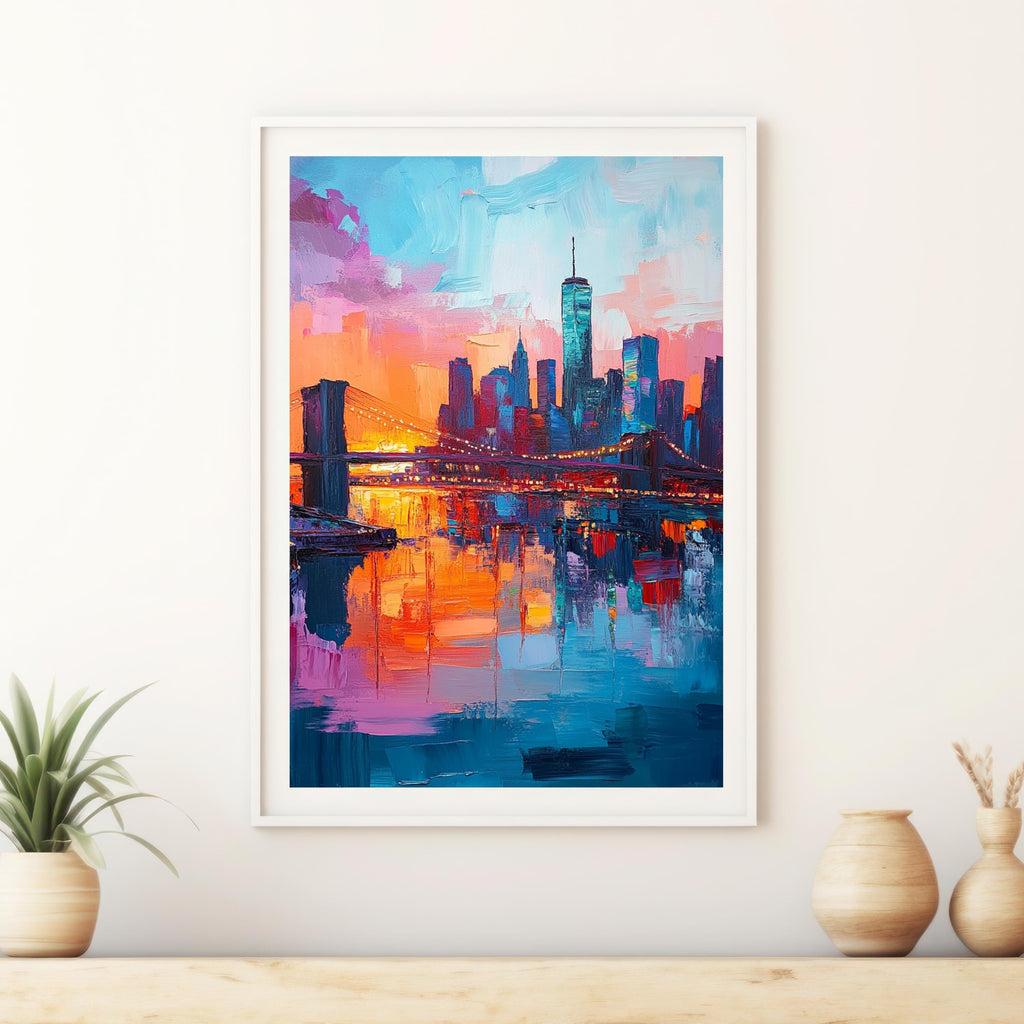 New York Nights" – Vibrant Skyline of NYC with Brooklyn Bridge at Sunset