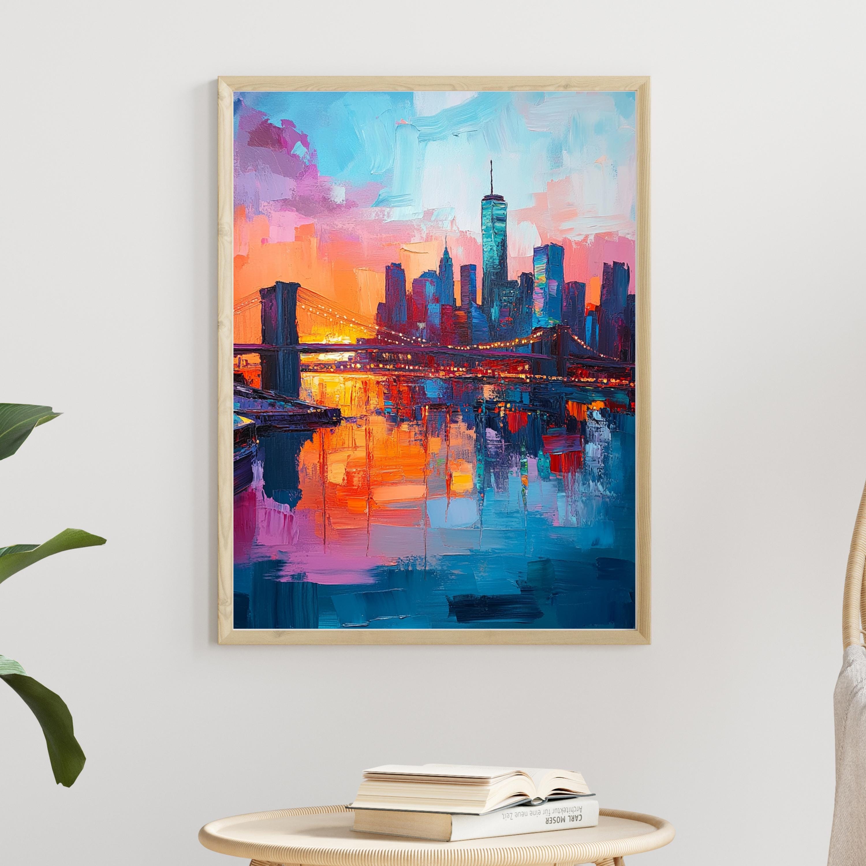 New York Nights" – Vibrant Skyline of NYC with Brooklyn Bridge at Sunset
