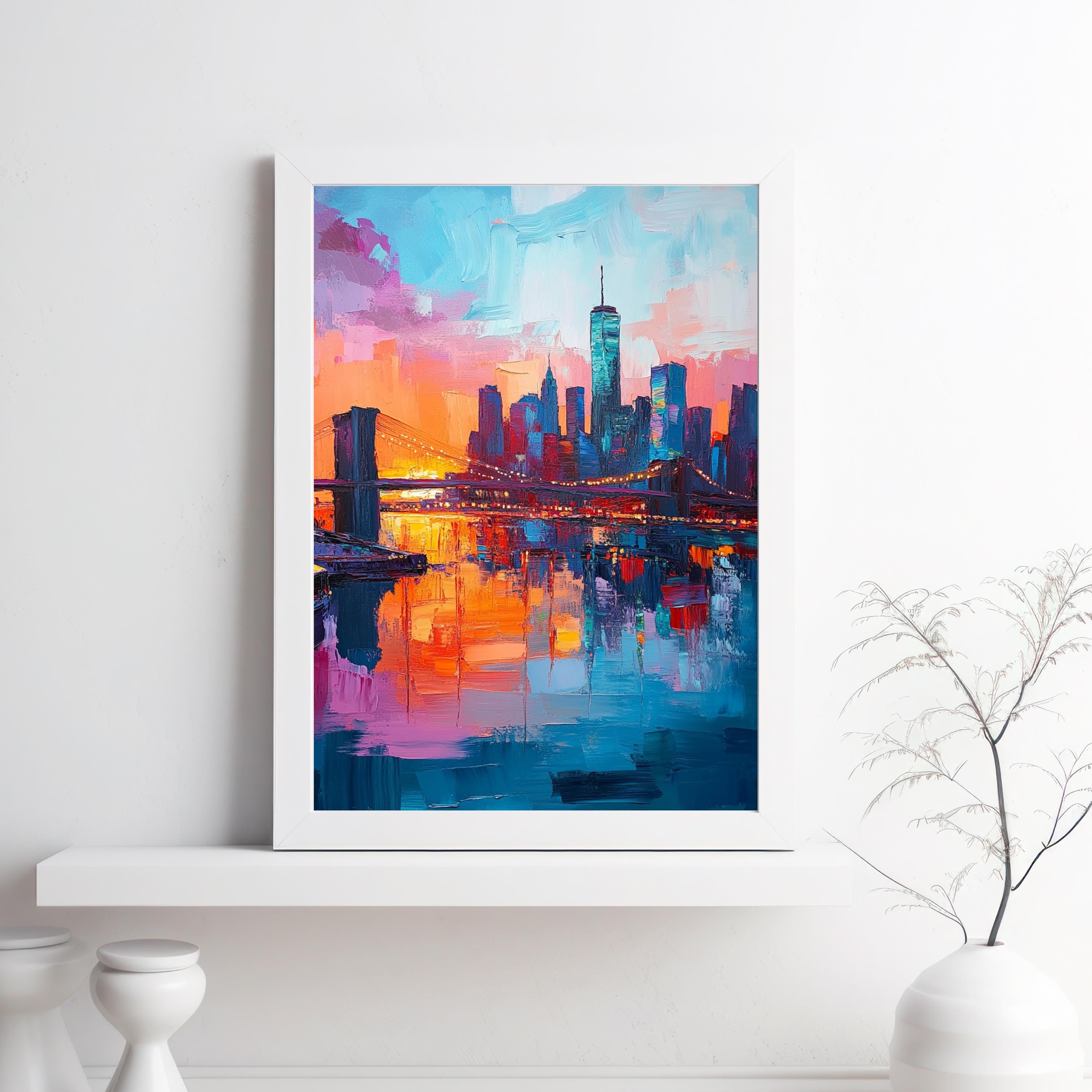 New York Nights" – Vibrant Skyline of NYC with Brooklyn Bridge at Sunset