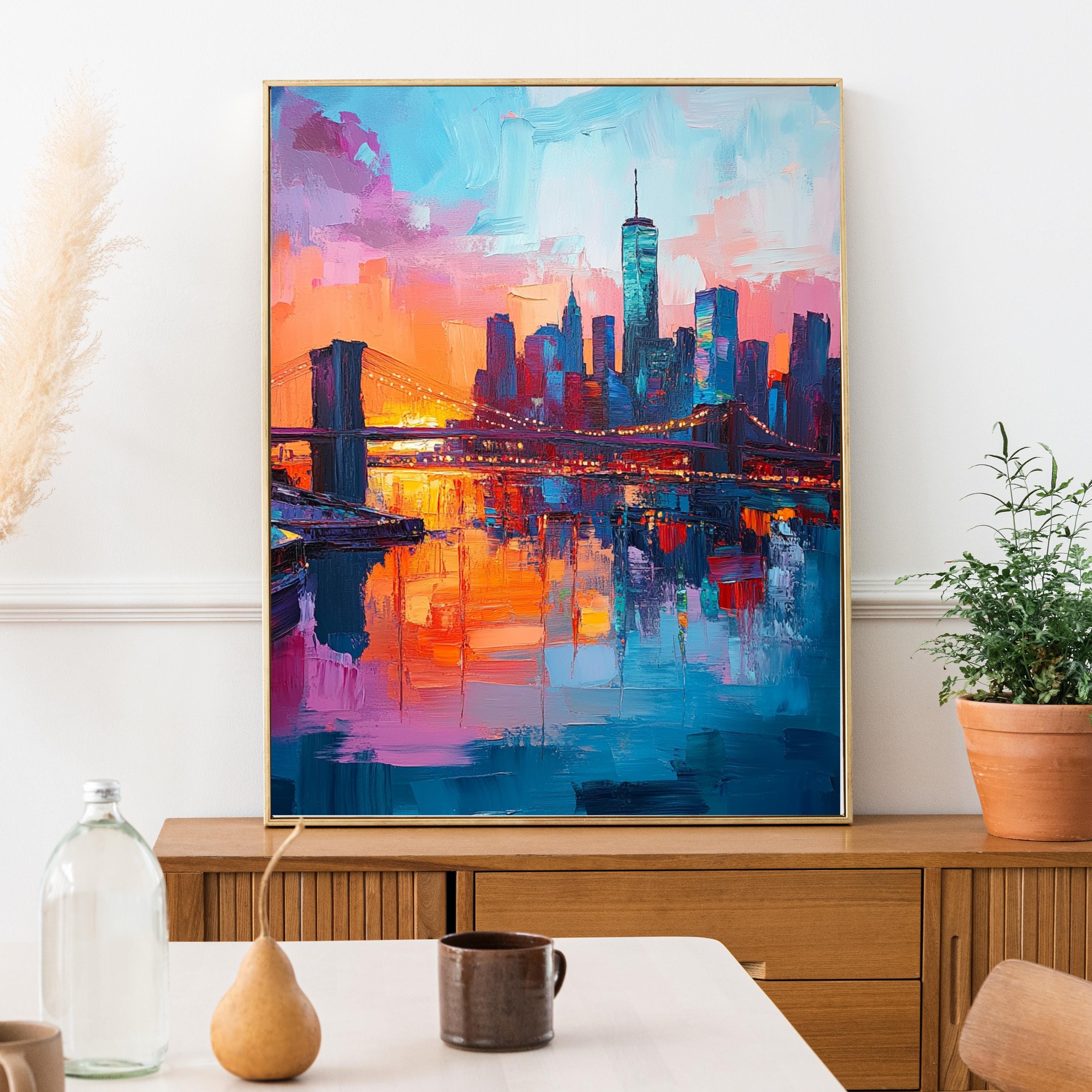 New York Nights" – Vibrant Skyline of NYC with Brooklyn Bridge at Sunset