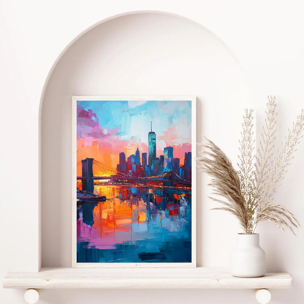 New York Nights" – Vibrant Skyline of NYC with Brooklyn Bridge at Sunset