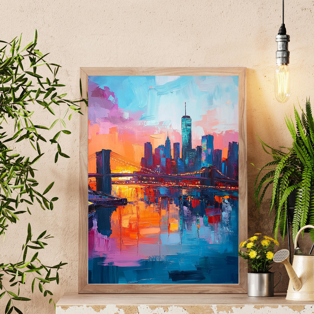 New York Nights" – Vibrant Skyline of NYC with Brooklyn Bridge at Sunset