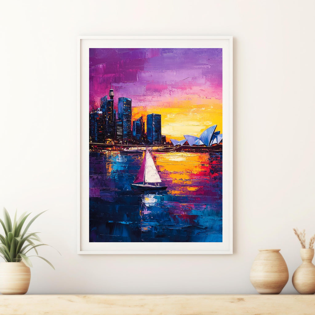 Sydney Sunset" – Vibrant Skyline of Sydney Harbour with Opera House and Sailboats