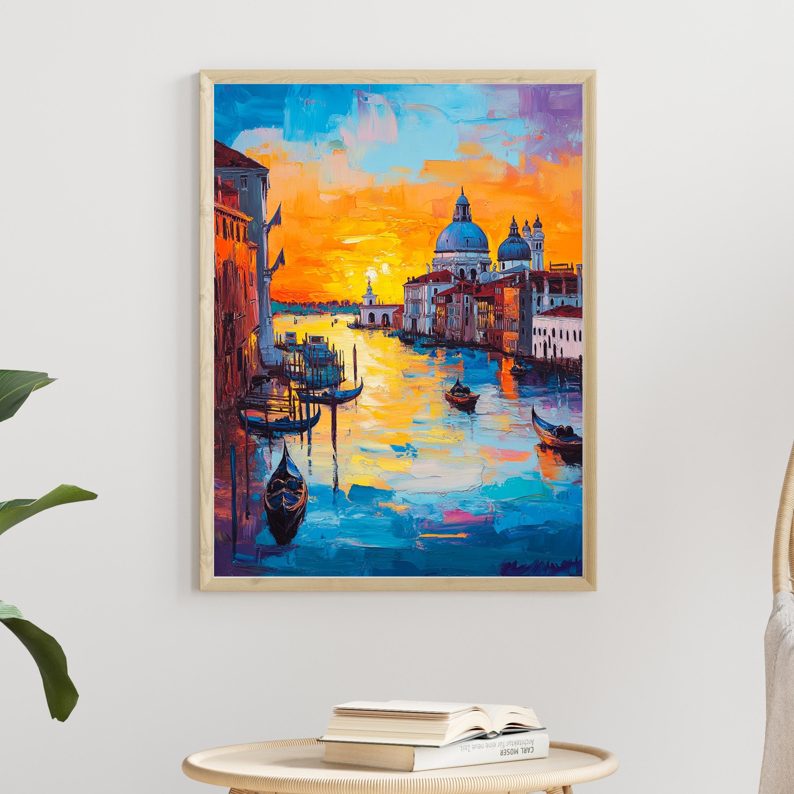 Venetian Sunset" – Vibrant Painting of Venice Canals and Gondolas at Dusk