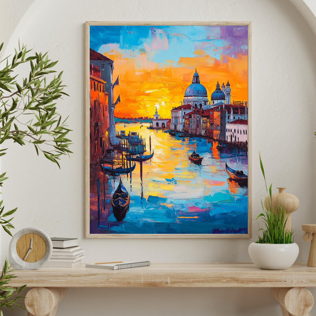 Venetian Sunset" – Vibrant Painting of Venice Canals and Gondolas at Dusk