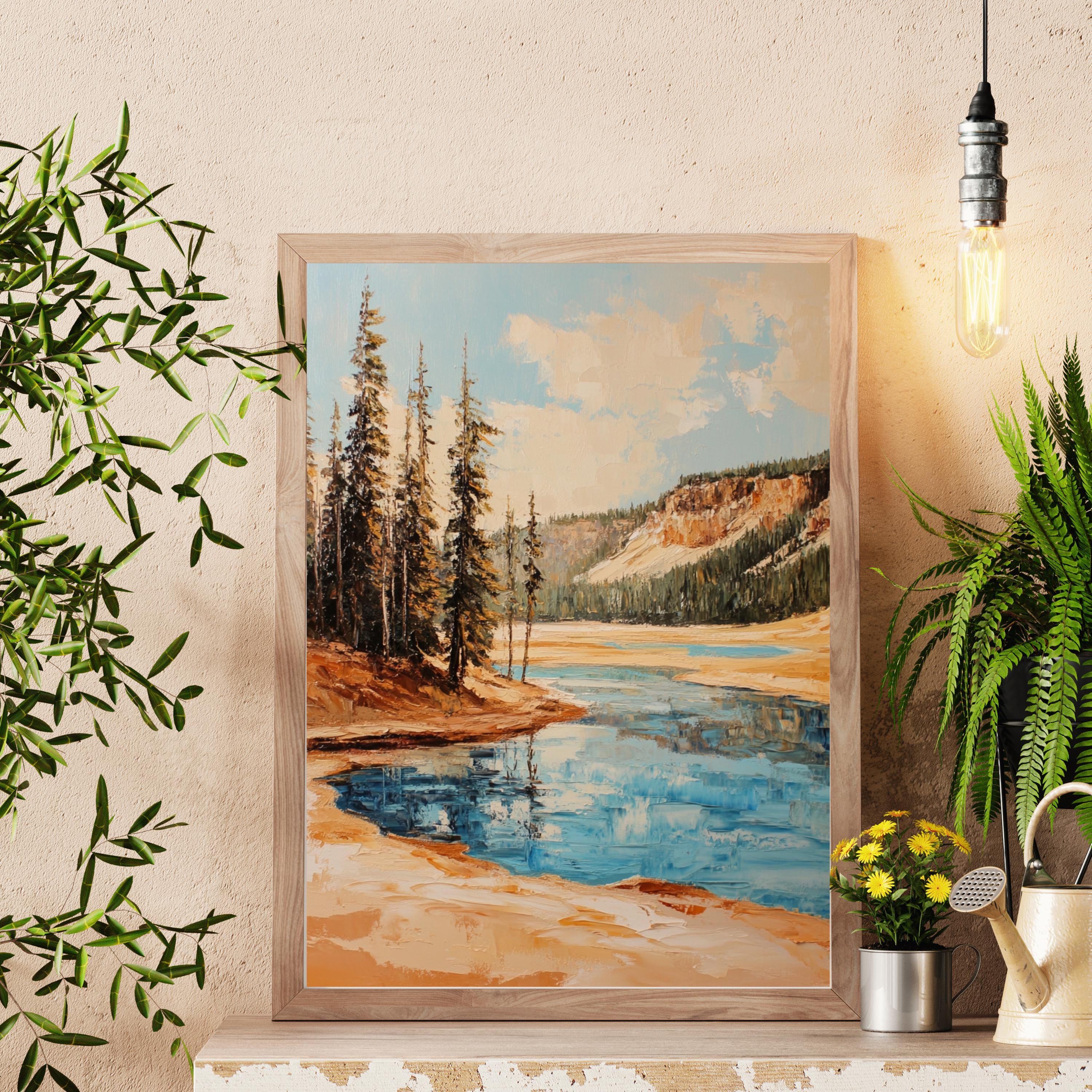 landscape painting, forest reflection, textured impressionist print, outdoor lover gift, scenic wall decor