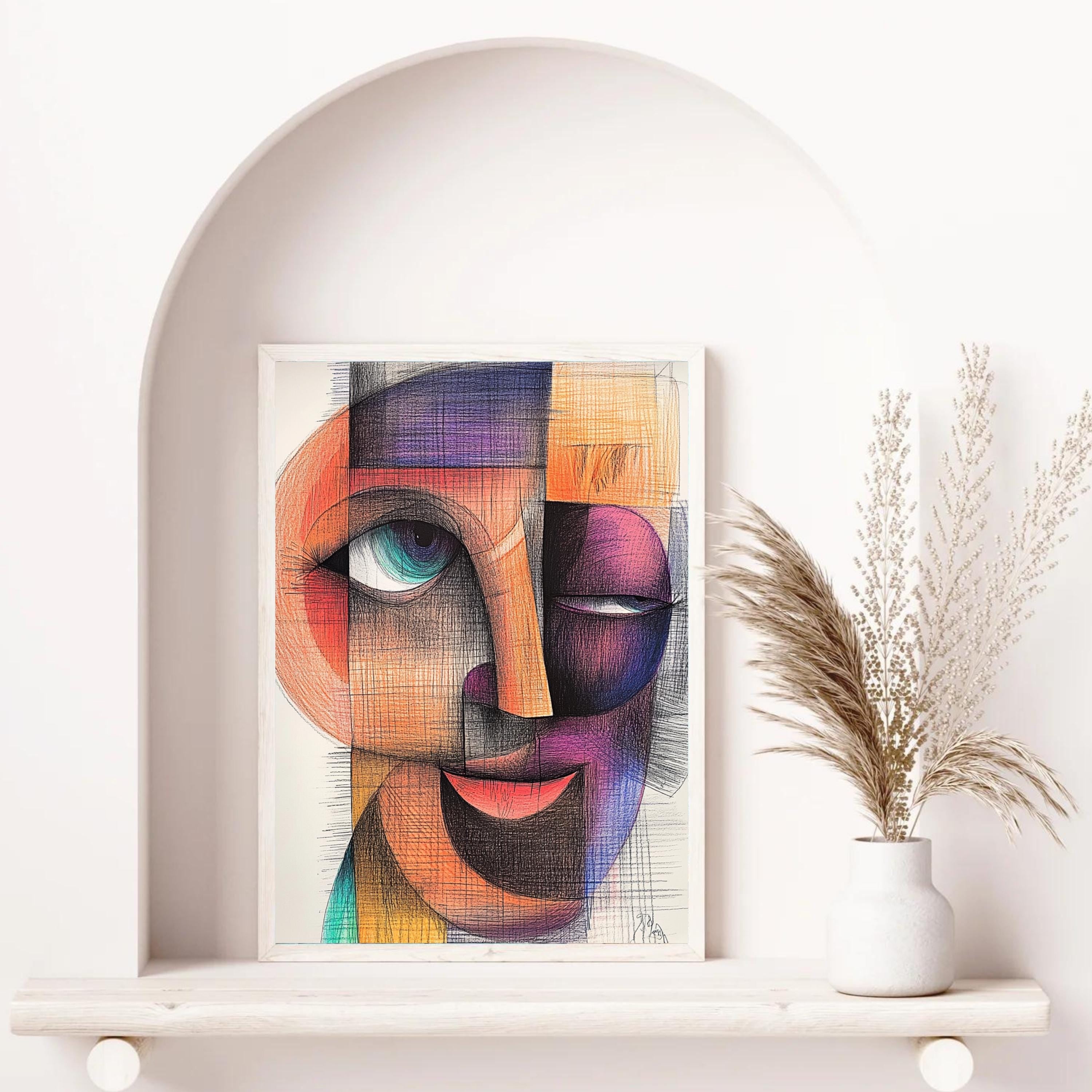 Cubist Abstract Face Art Print – Modern Geometric Portrait Painting