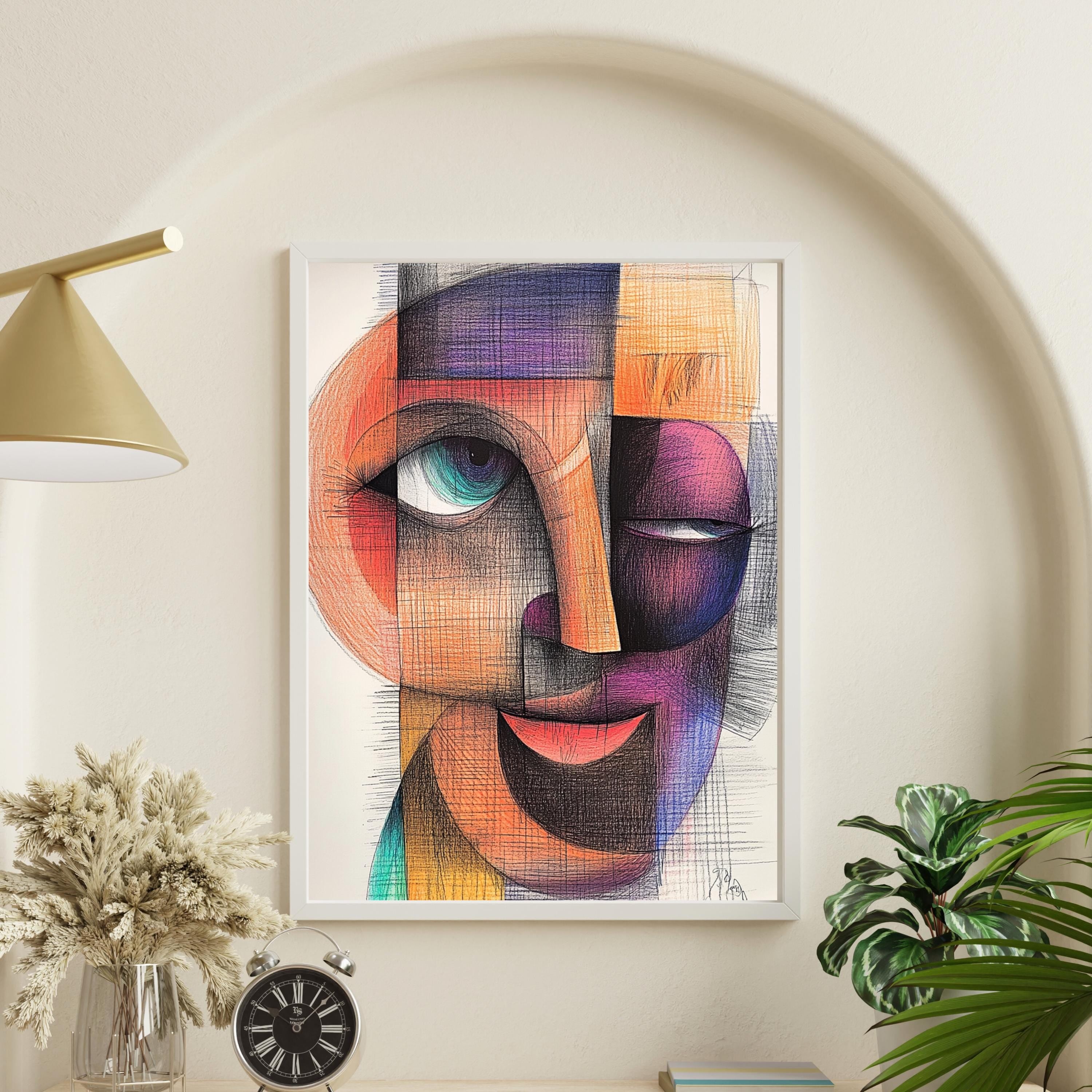 Cubist Abstract Face Art Print – Modern Geometric Portrait Painting