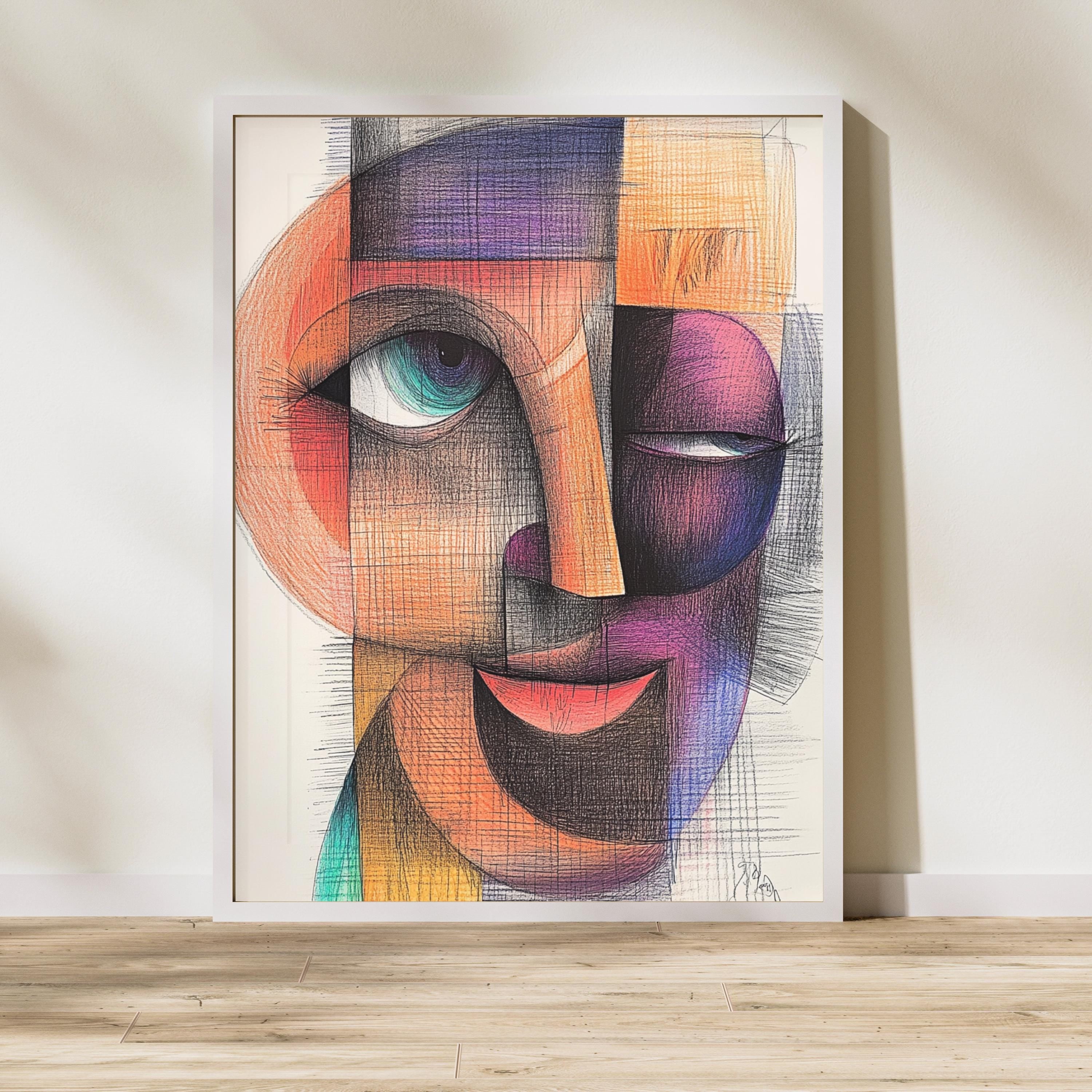 Cubist Abstract Face Art Print – Modern Geometric Portrait Painting