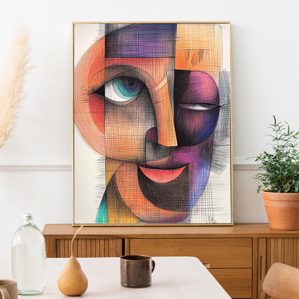 Cubist Abstract Face Art Print – Modern Geometric Portrait Painting