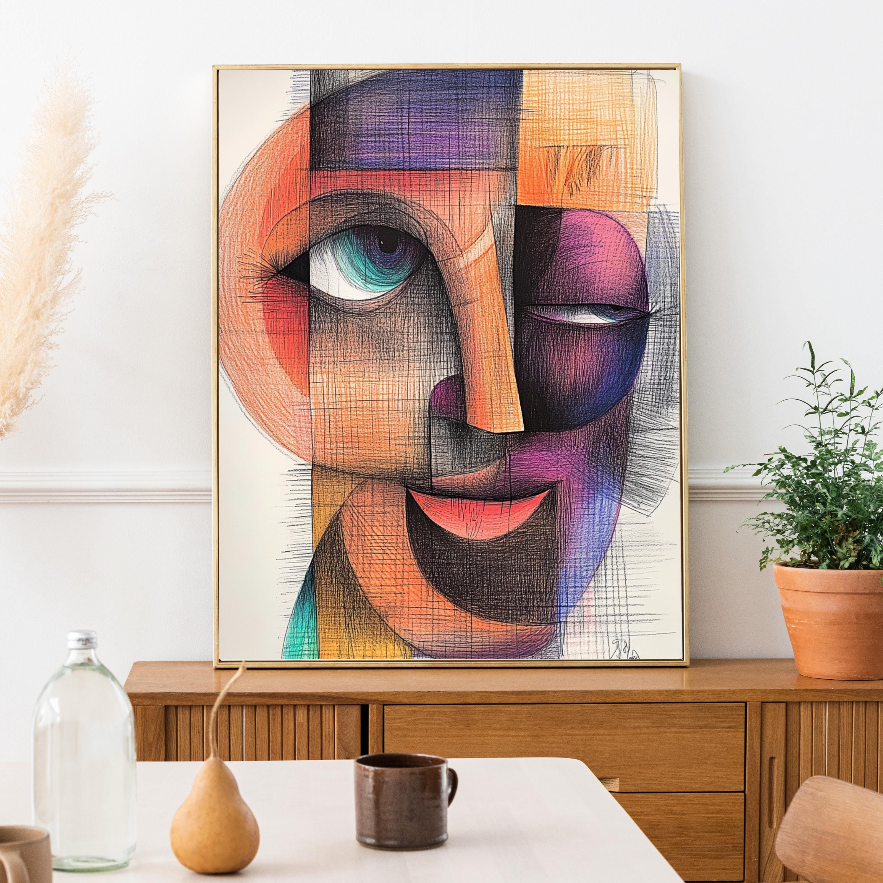 Cubist Abstract Face Art Print – Modern Geometric Portrait Painting