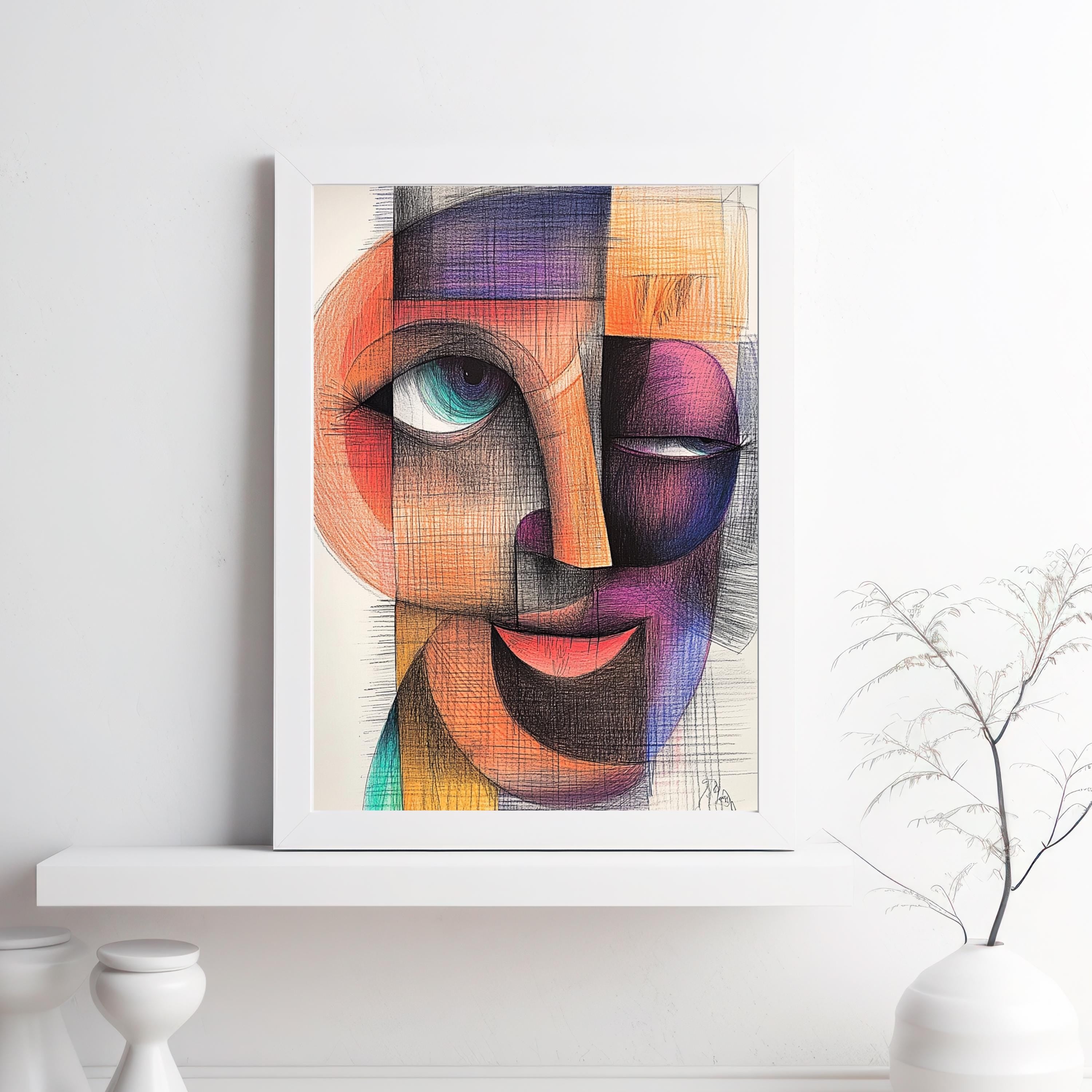 Cubist Abstract Face Art Print – Modern Geometric Portrait Painting