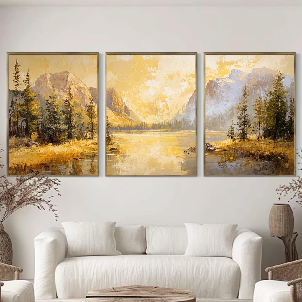 Yellowstone National Park 3-Panel Canvas Print – Golden Mountain Lake Landscape, Nature Wall Art Set