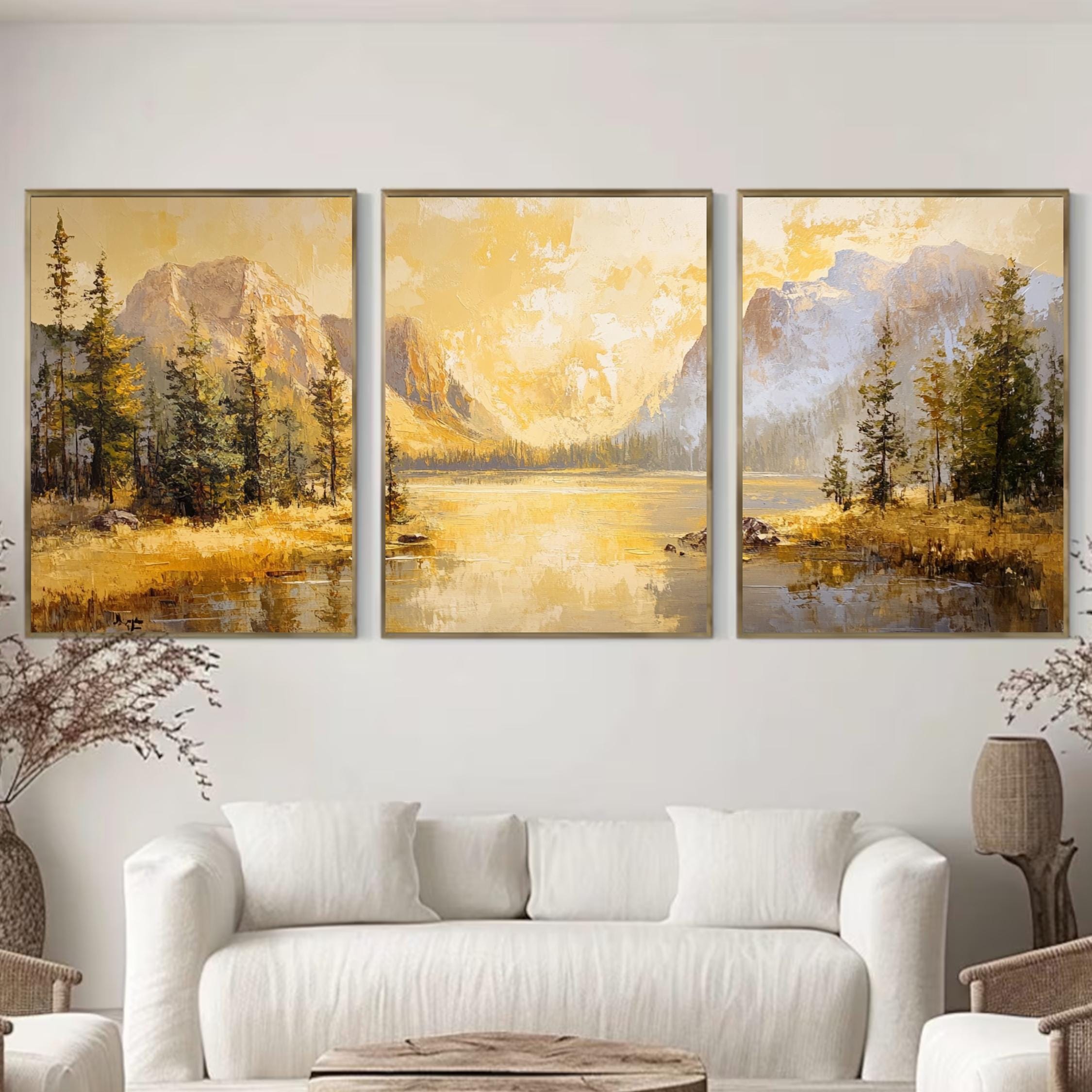 Yellowstone National Park 3-Panel Canvas Print – Golden Mountain Lake Landscape, Nature Wall Art Set