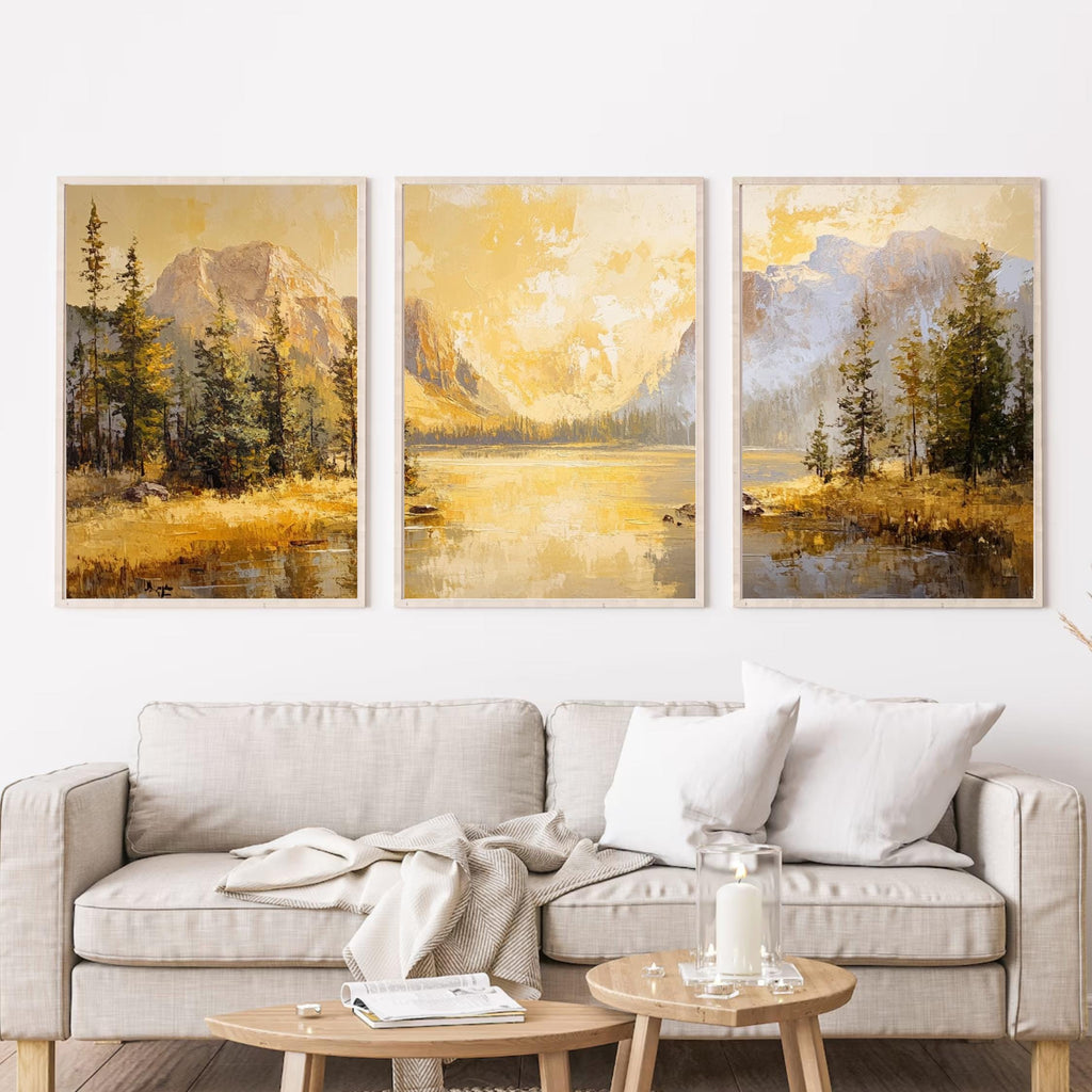 Yellowstone National Park 3-Panel Canvas Print – Golden Mountain Lake Landscape, Nature Wall Art Set