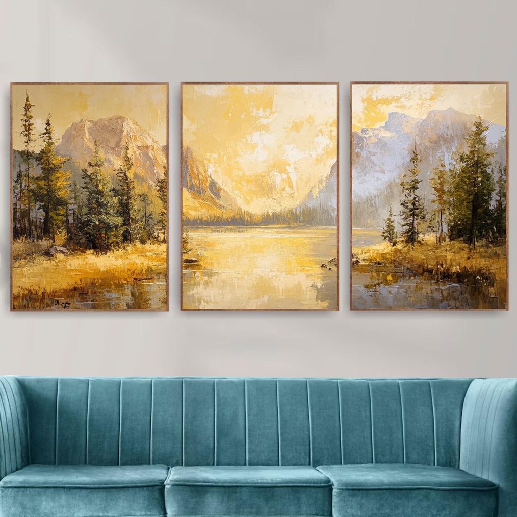 Yellowstone National Park 3-Panel Canvas Print – Golden Mountain Lake Landscape, Nature Wall Art Set