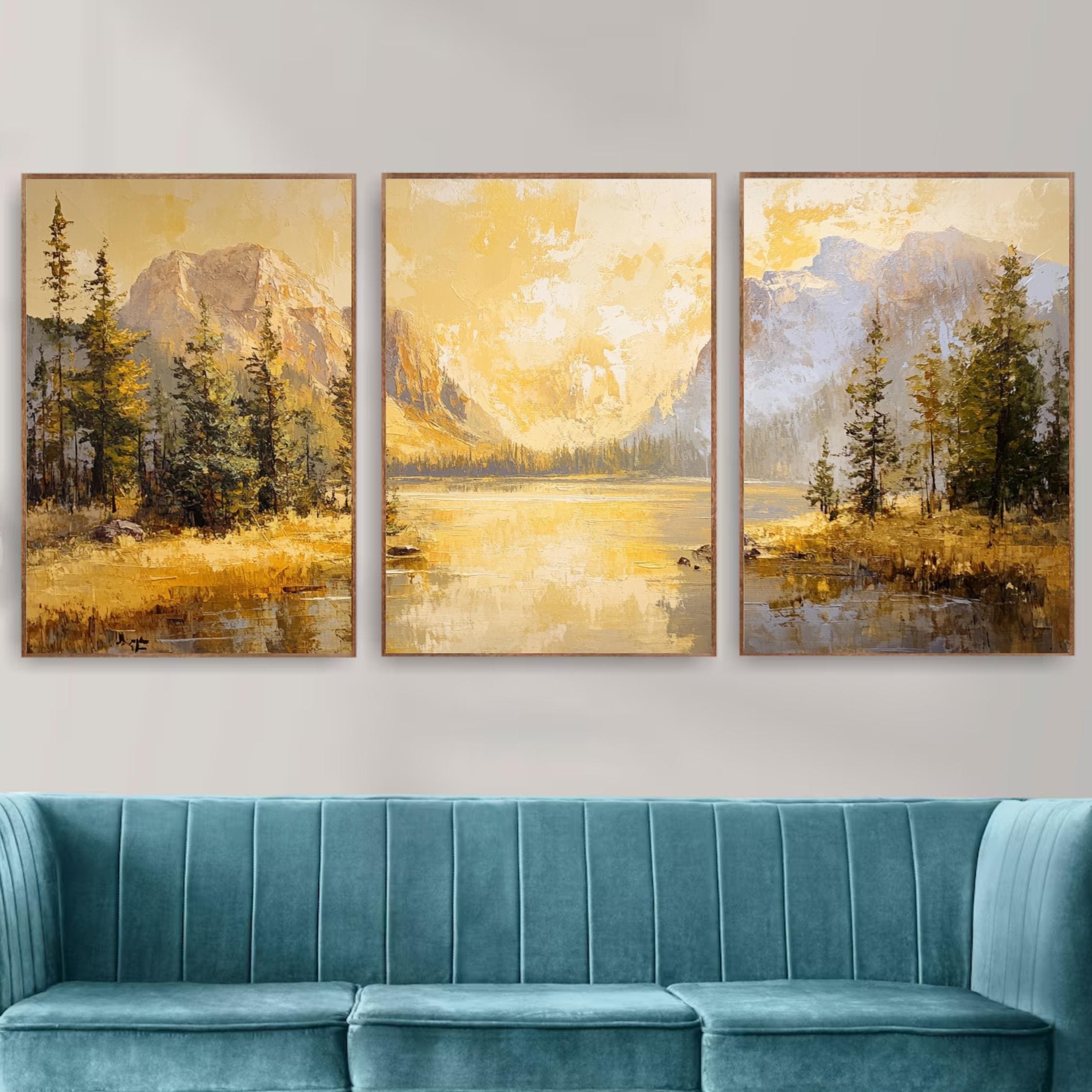 Yellowstone National Park 3-Panel Canvas Print – Golden Mountain Lake Landscape, Nature Wall Art Set