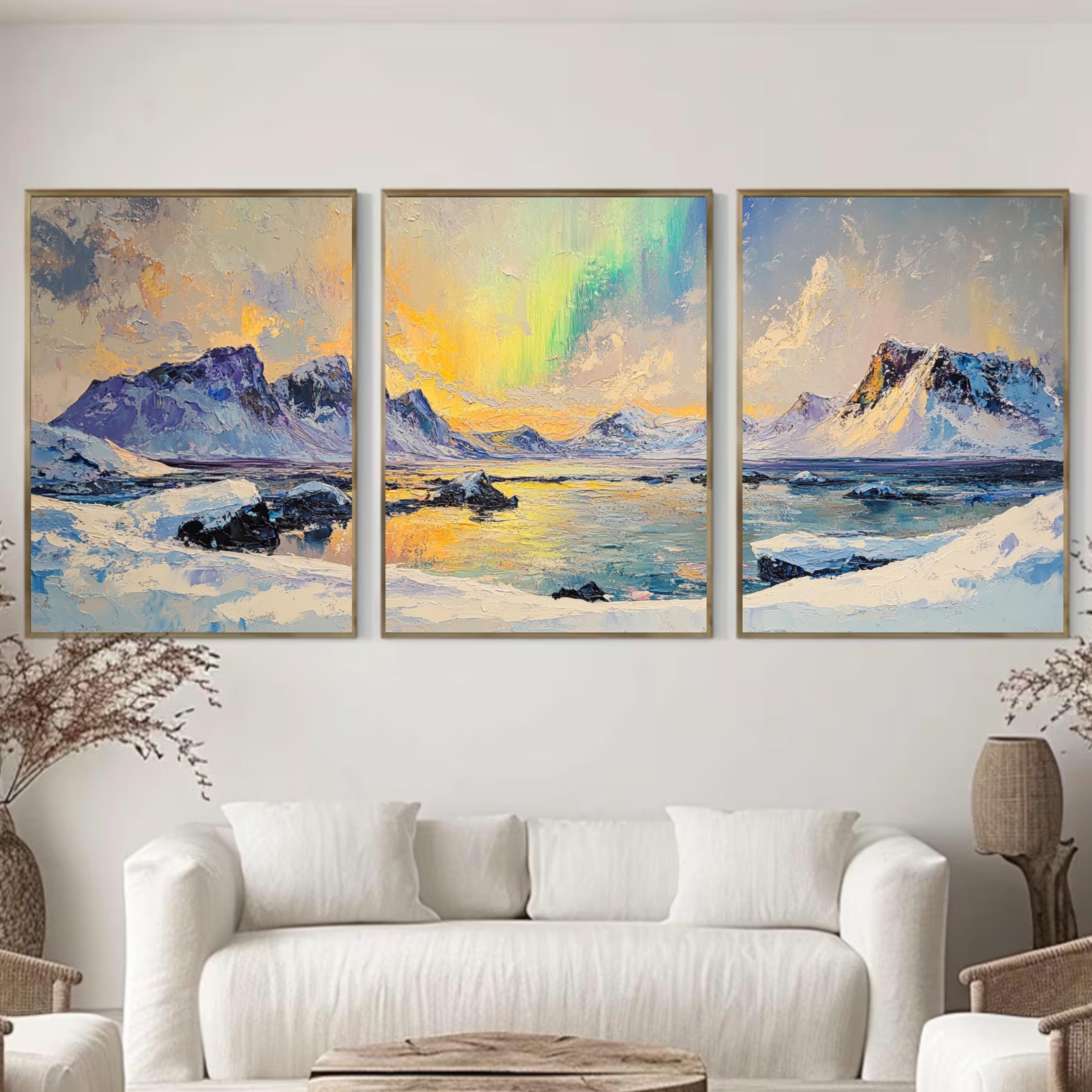 Northern Lights 3-Panel Wall Art – Arctic Landscape Painting, Aurora Borealis Over Snowy Mountains