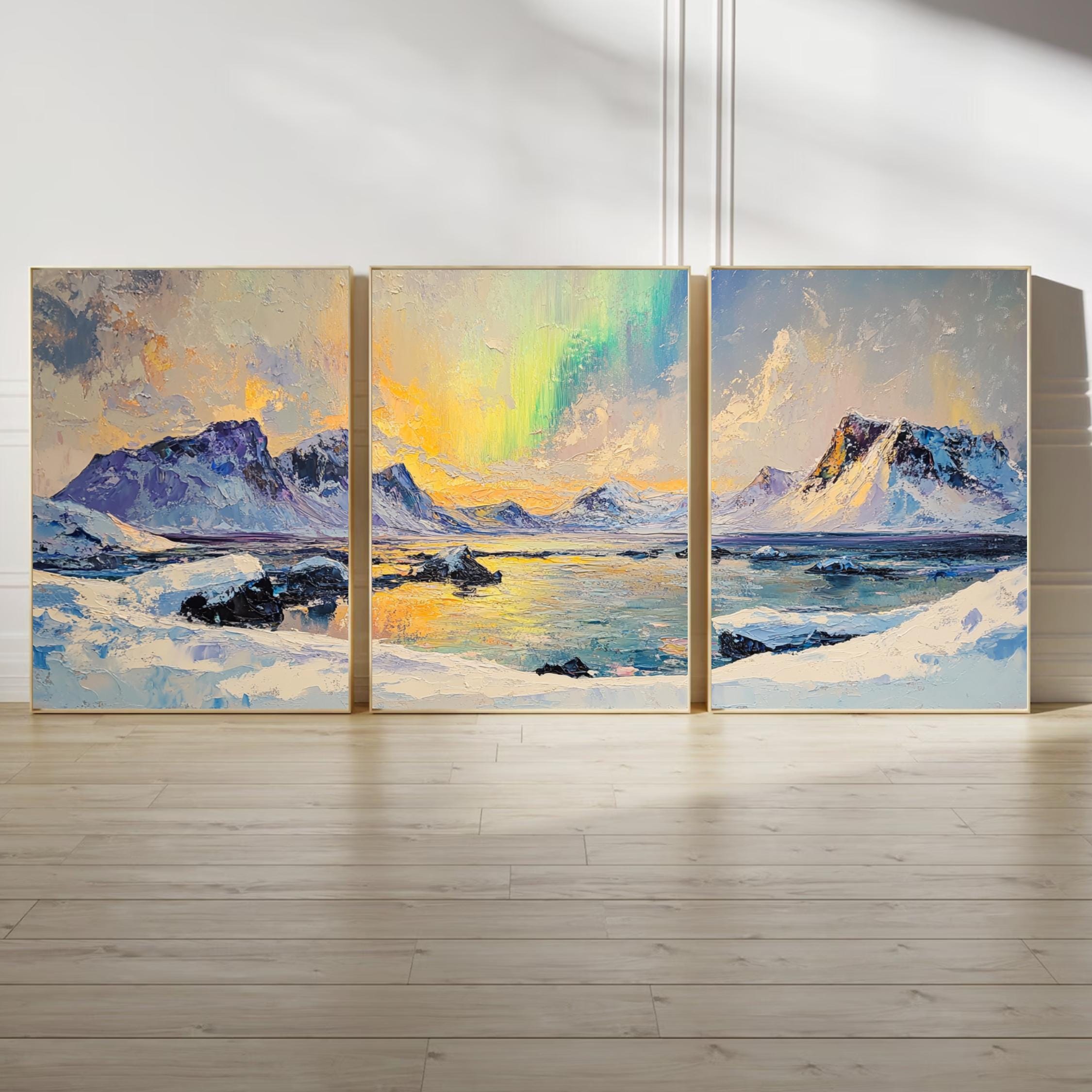 Northern Lights 3-Panel Wall Art – Arctic Landscape Painting, Aurora Borealis Over Snowy Mountains