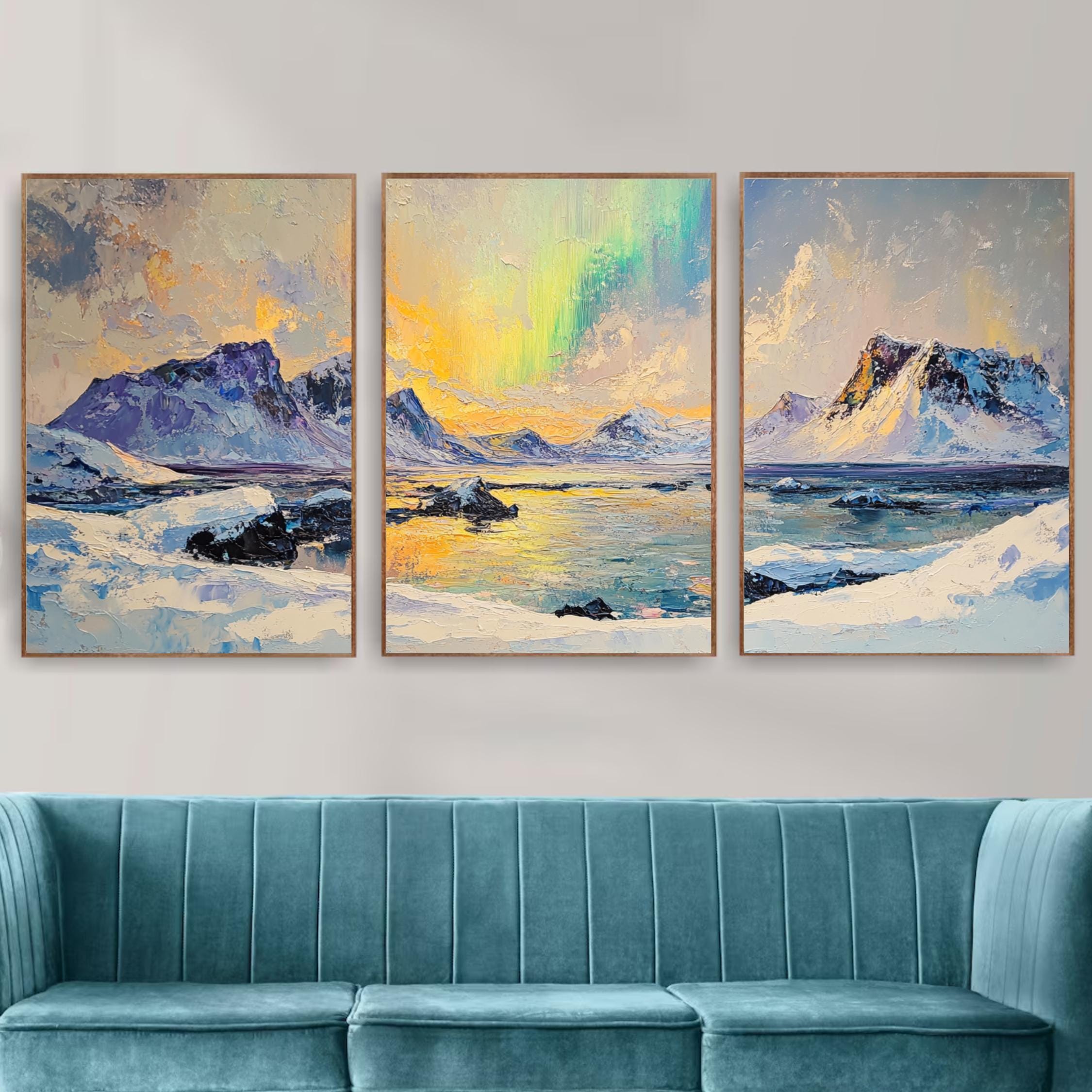 Northern Lights 3-Panel Wall Art – Arctic Landscape Painting, Aurora Borealis Over Snowy Mountains