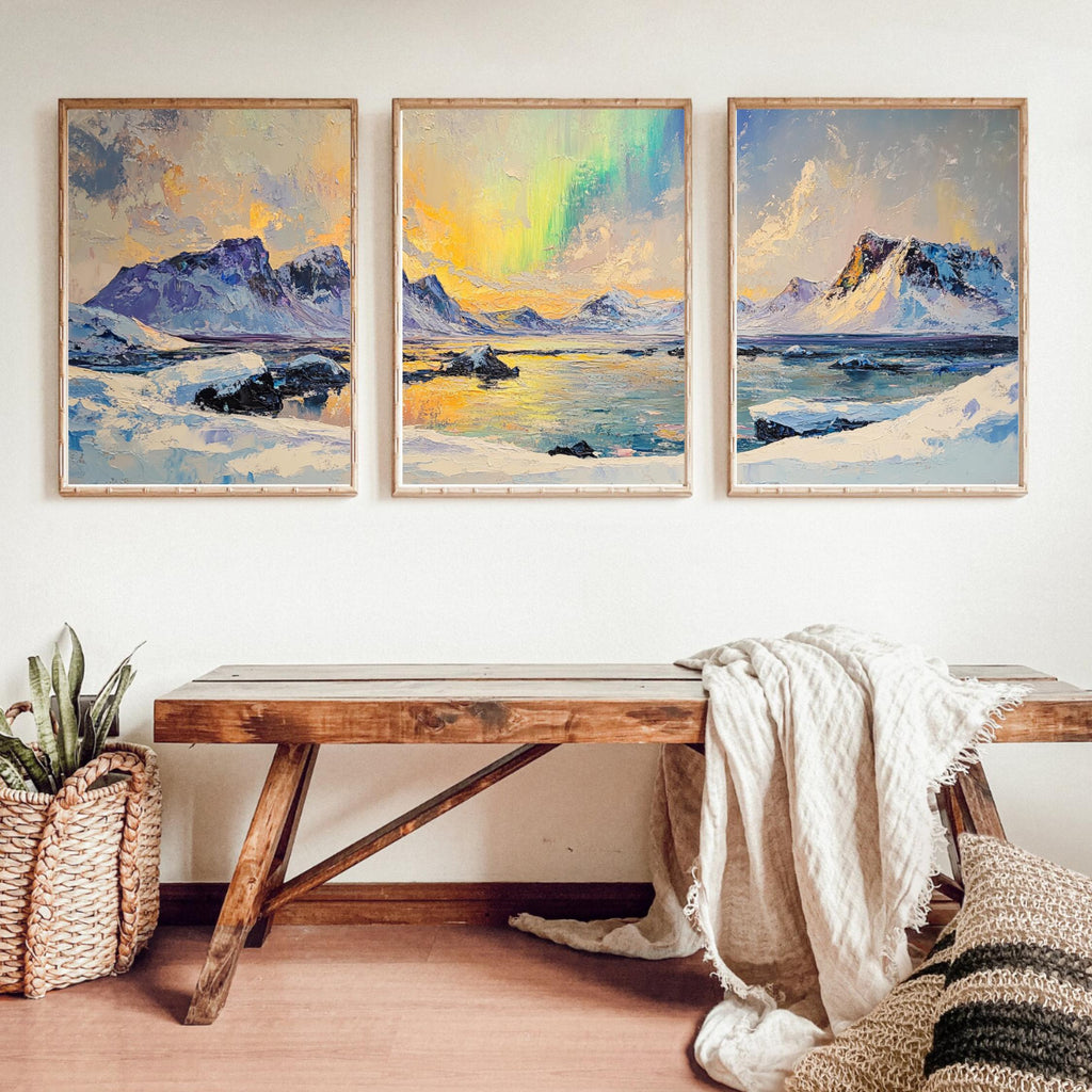 Northern Lights 3-Panel Wall Art – Arctic Landscape Painting, Aurora Borealis Over Snowy Mountains