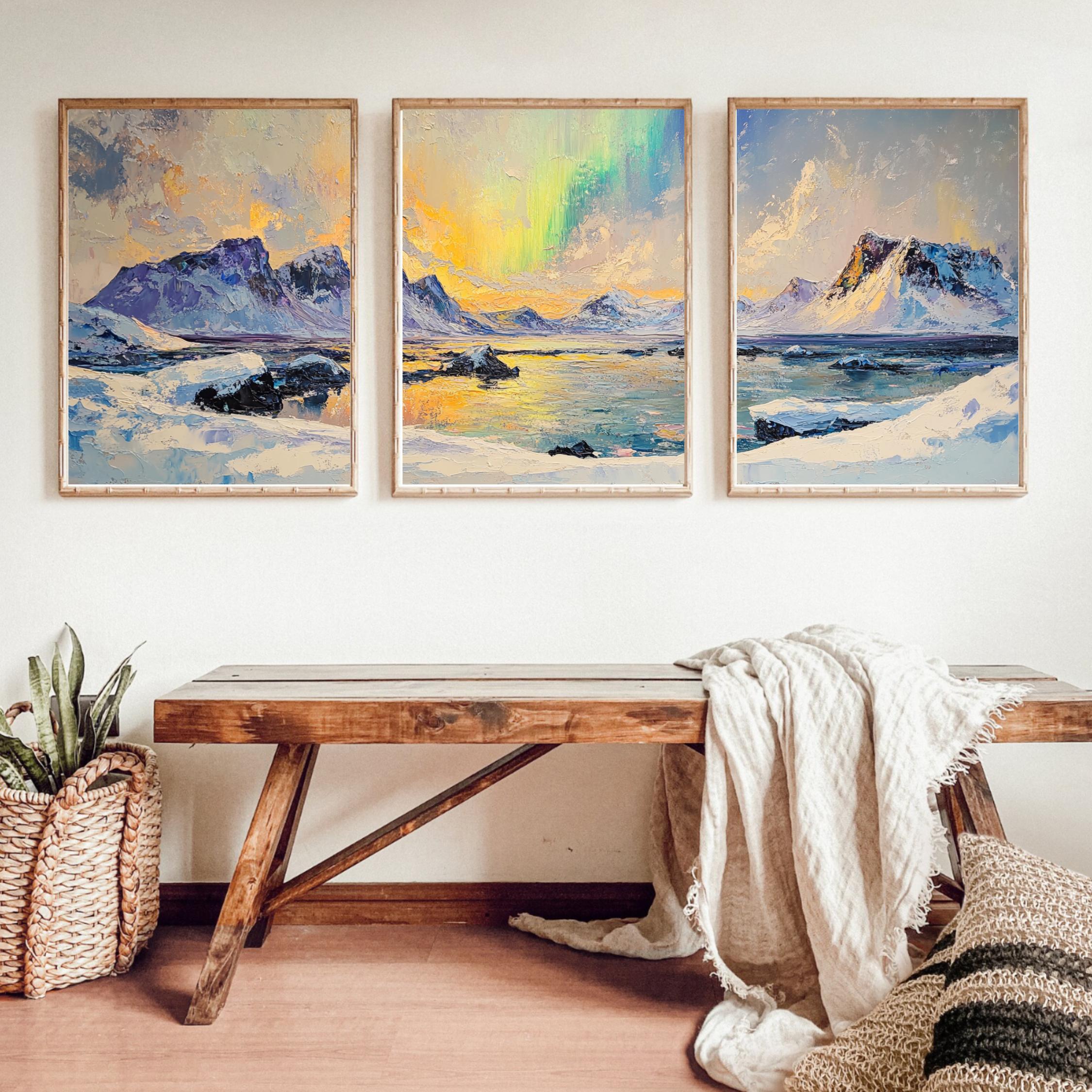Northern Lights 3-Panel Wall Art – Arctic Landscape Painting, Aurora Borealis Over Snowy Mountains