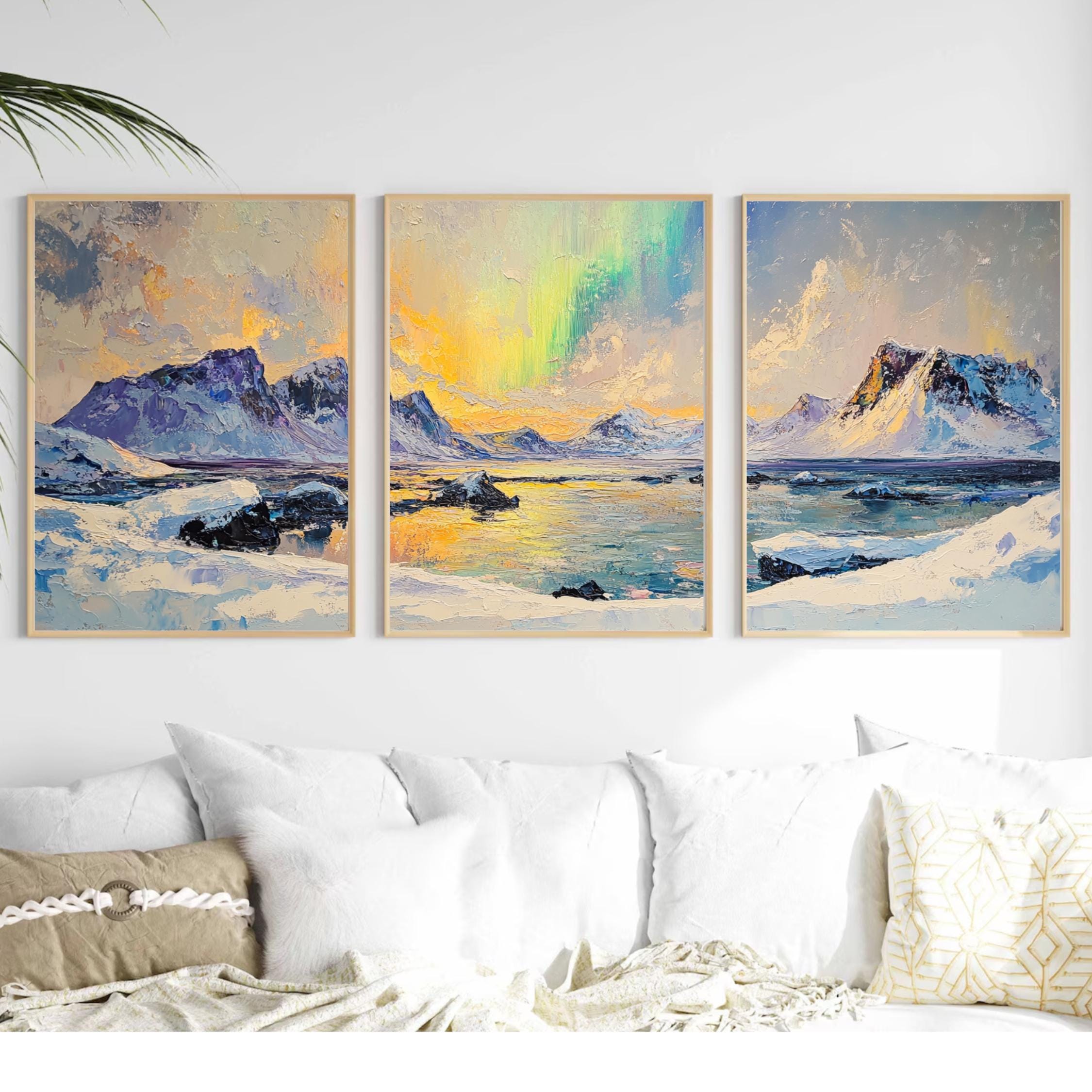 Northern Lights 3-Panel Wall Art – Arctic Landscape Painting, Aurora Borealis Over Snowy Mountains