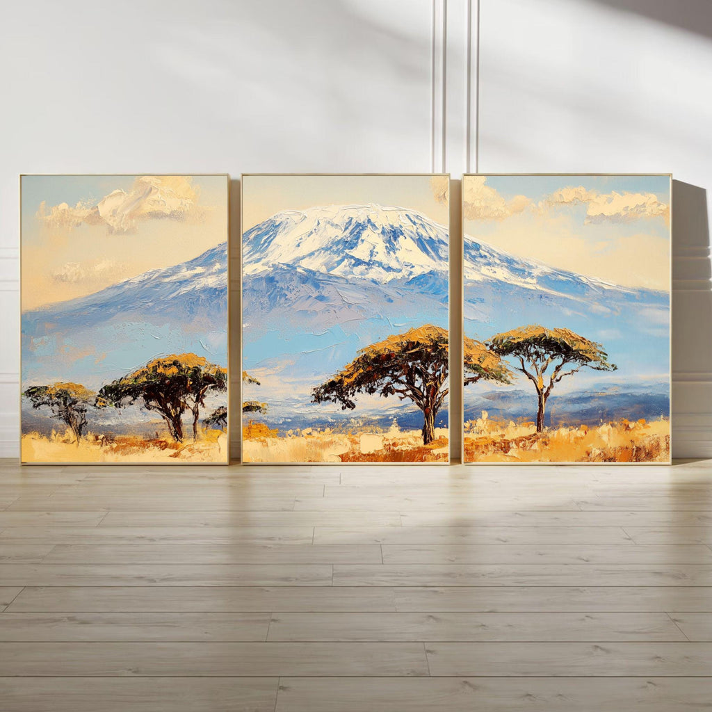 Mount Kilimanjaro 3-Panel Wall Art – African Landscape Painting, Serengeti Safari Triptych