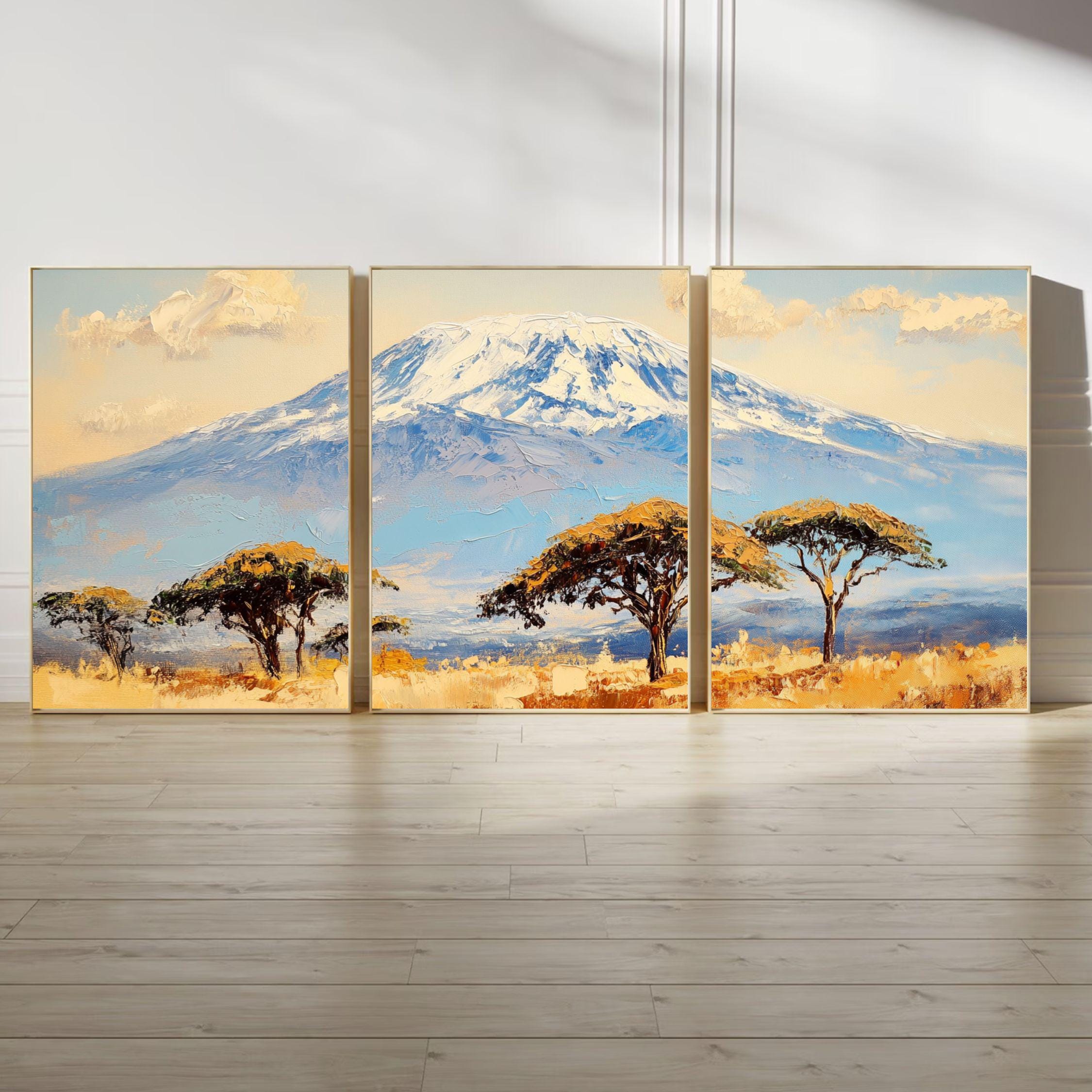 Mount Kilimanjaro 3-Panel Wall Art – African Landscape Painting, Serengeti Safari Triptych