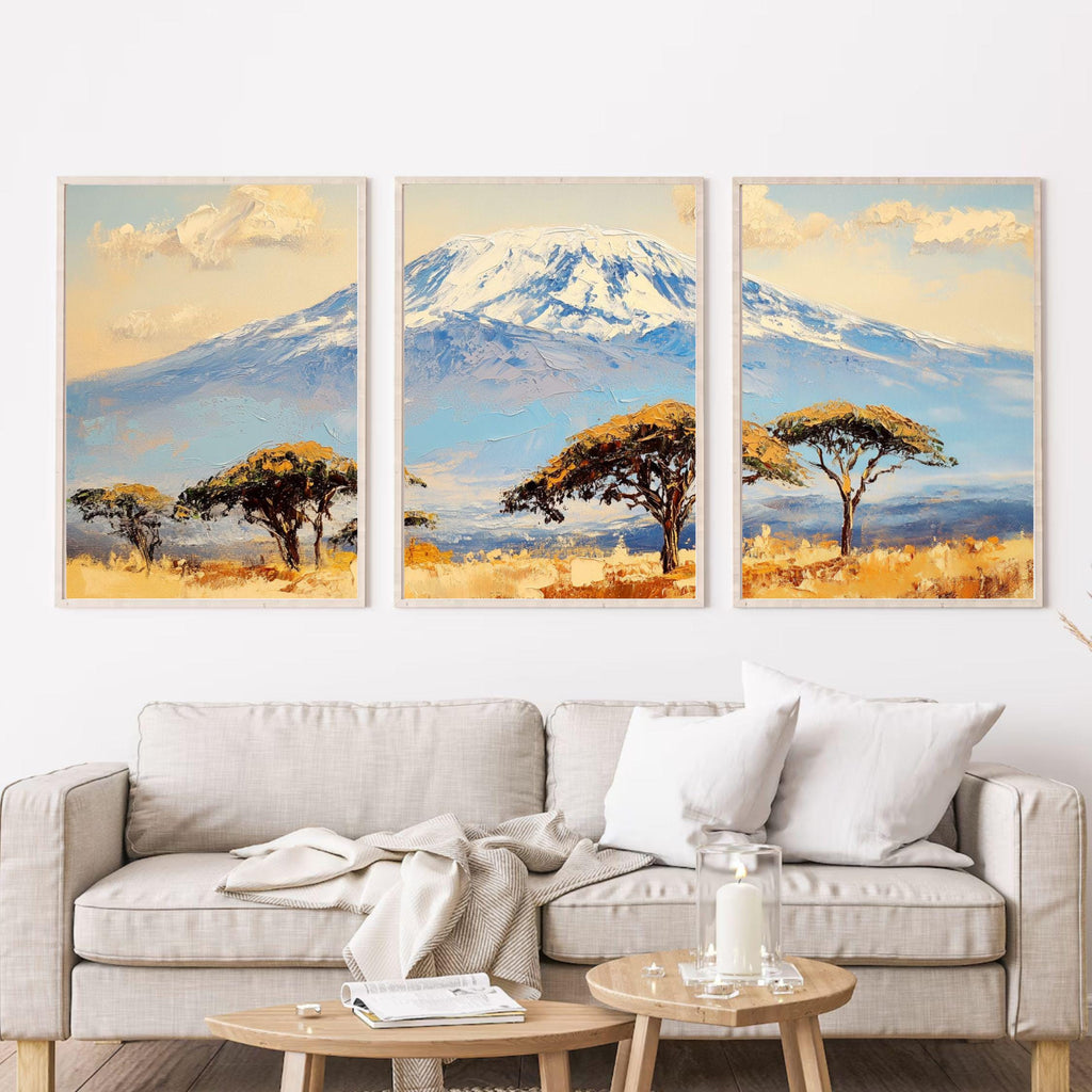Mount Kilimanjaro 3-Panel Wall Art – African Landscape Painting, Serengeti Safari Triptych