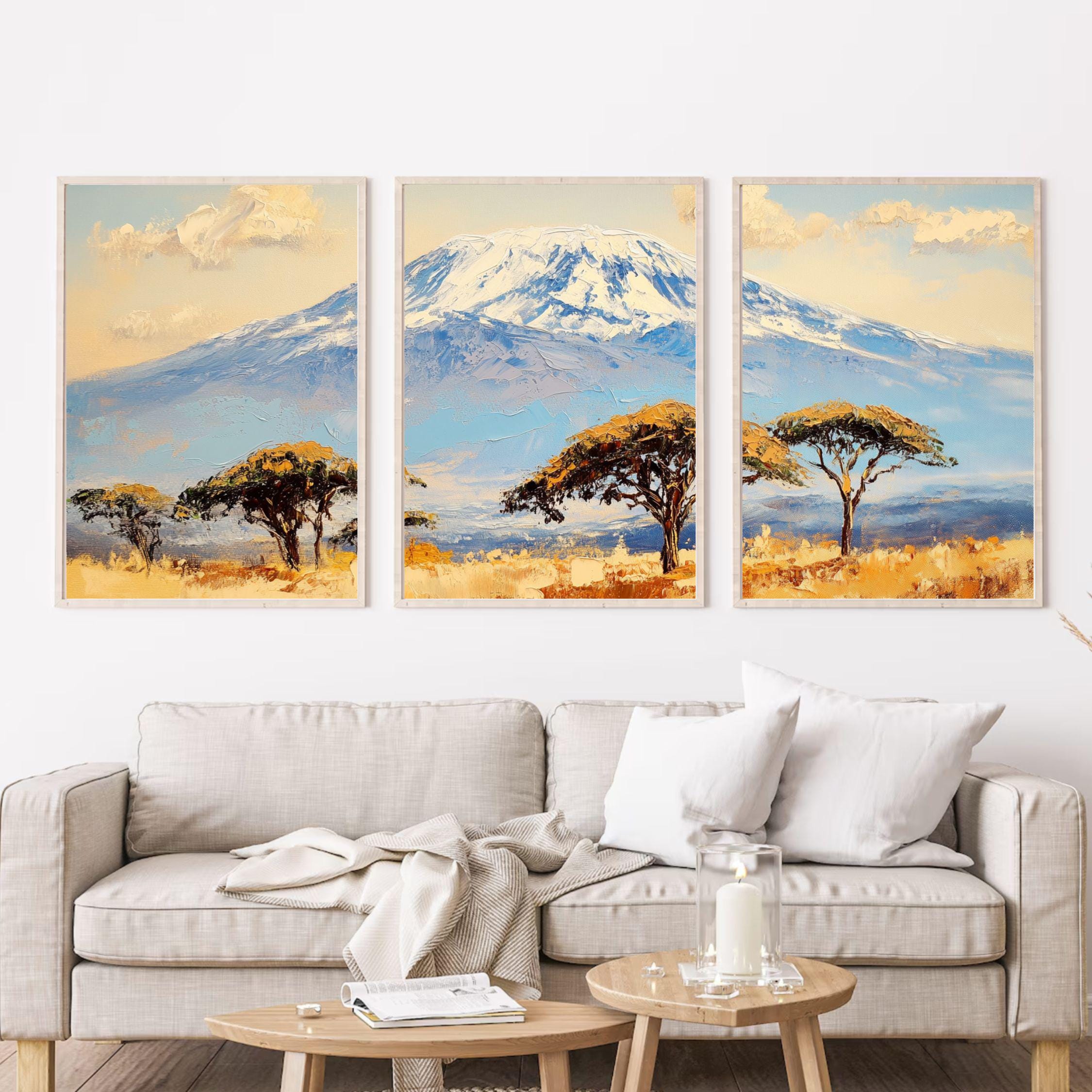 Mount Kilimanjaro 3-Panel Wall Art – African Landscape Painting, Serengeti Safari Triptych