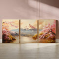 Mount Fuji & Cherry Blossoms 3-Panel Wall Art – Japanese Landscape Painting, Sakura Spring Triptych