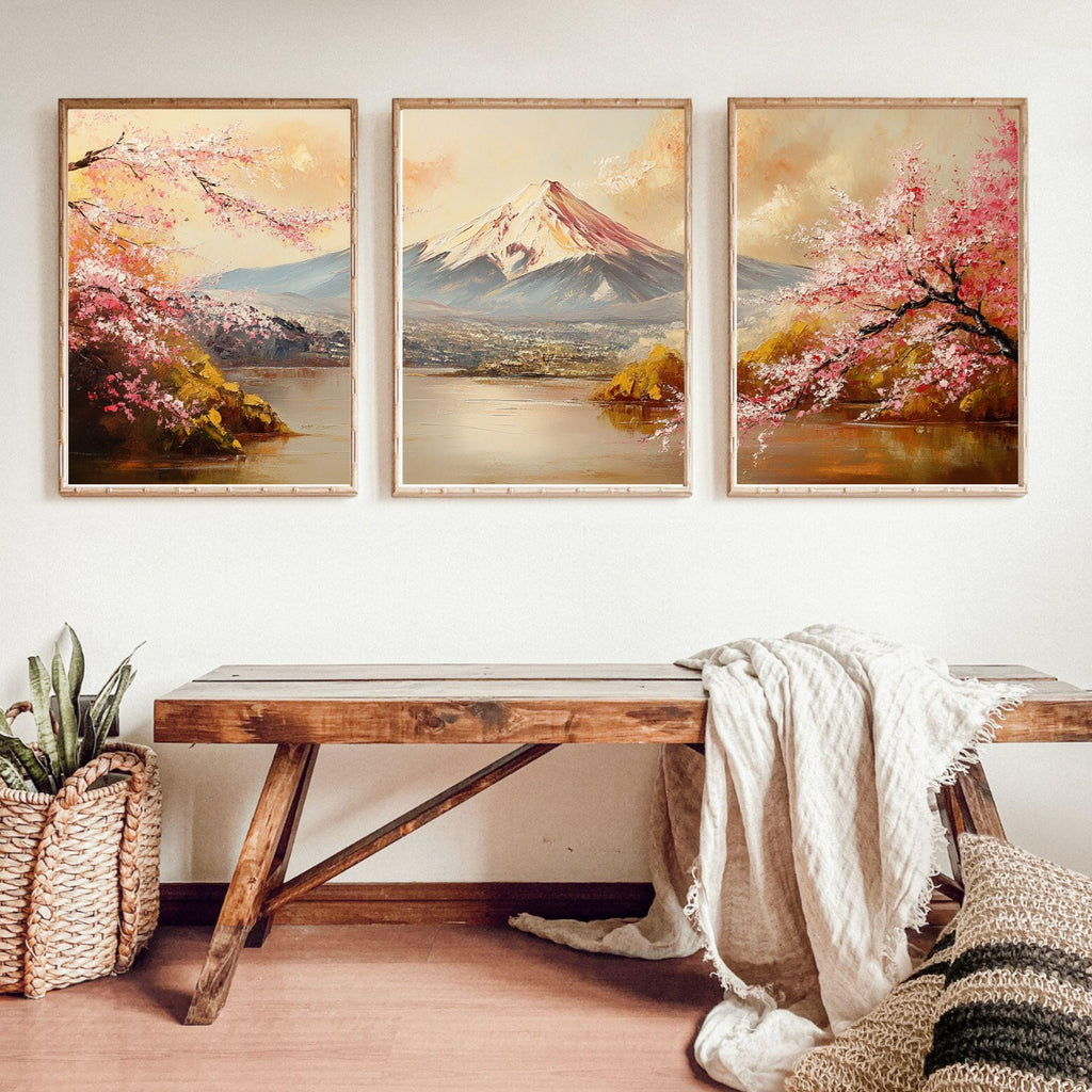 Mount Fuji & Cherry Blossoms 3-Panel Wall Art – Japanese Landscape Painting, Sakura Spring Triptych