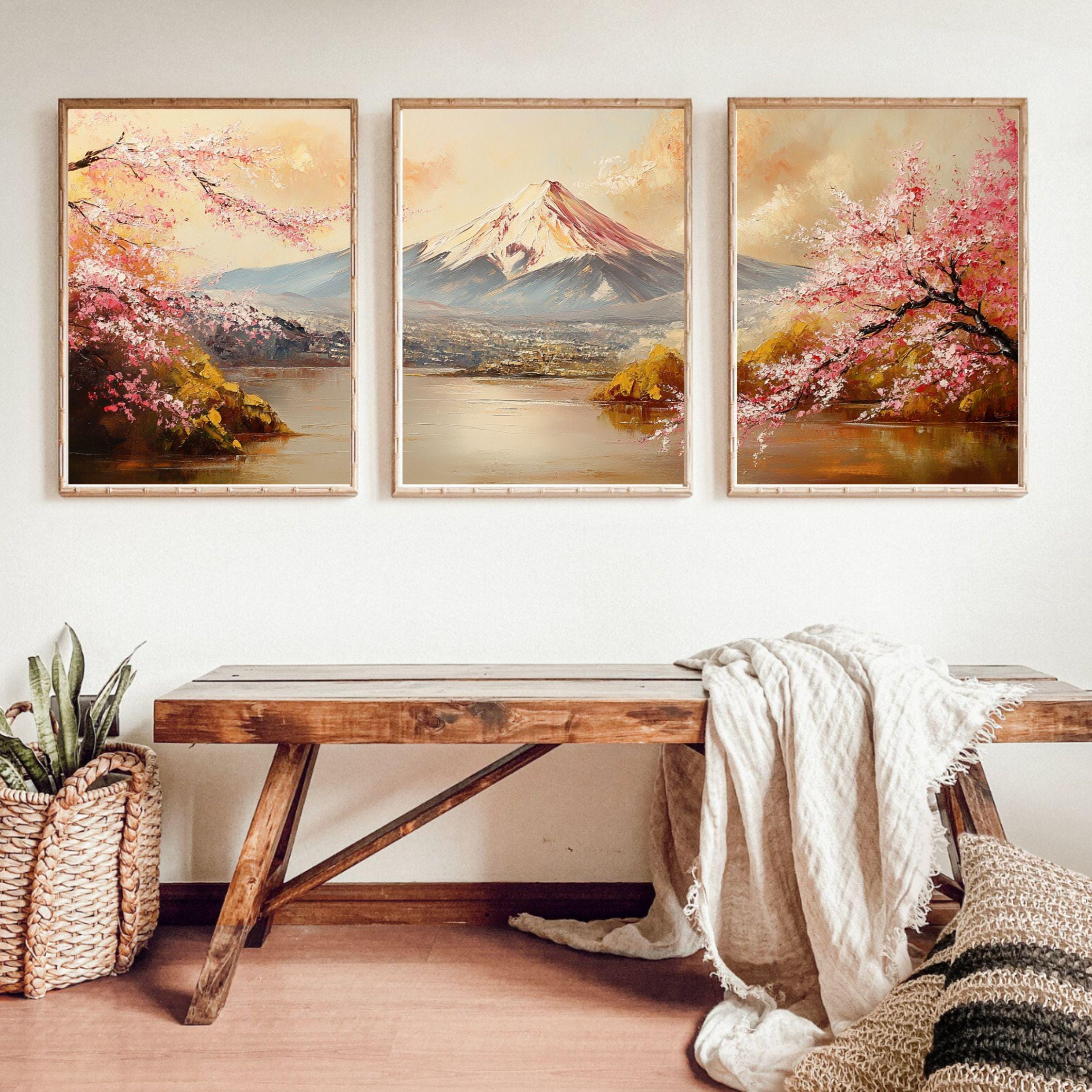 Mount Fuji & Cherry Blossoms 3-Panel Wall Art – Japanese Landscape Painting, Sakura Spring Triptych