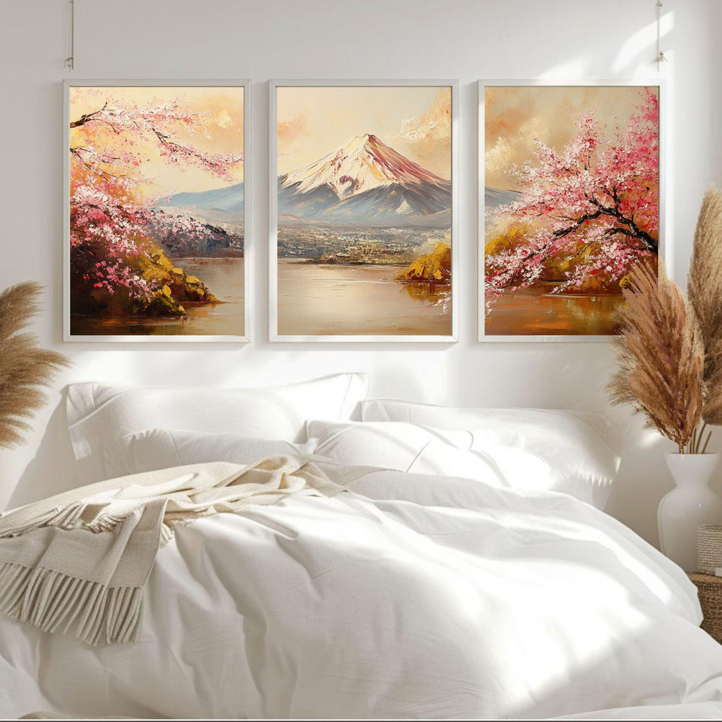 Mount Fuji & Cherry Blossoms 3-Panel Wall Art – Japanese Landscape Painting, Sakura Spring Triptych